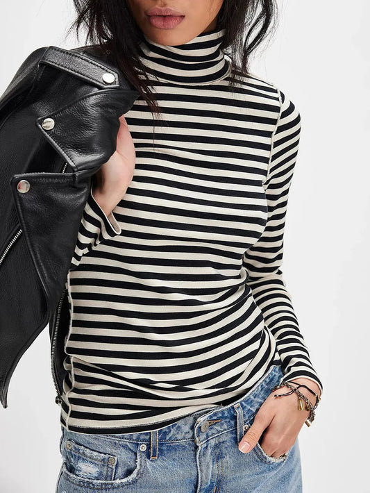 Exposed Seam Striped Turtleneck Long Sleeve T-Shirt  Shop One Place