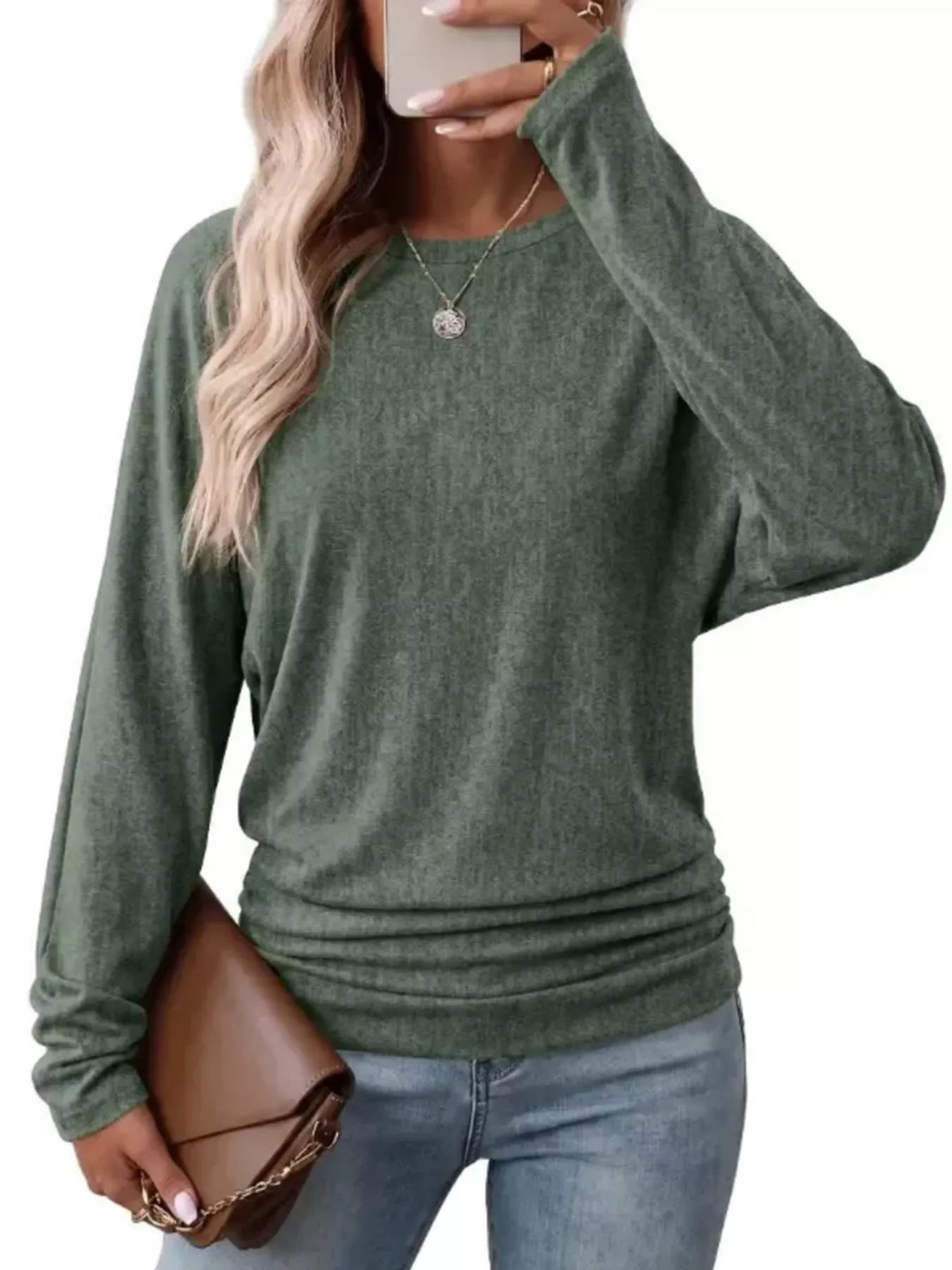 Women's Long Sleeve Crew Neck T-Shirt with Ruched Hem – view 17
