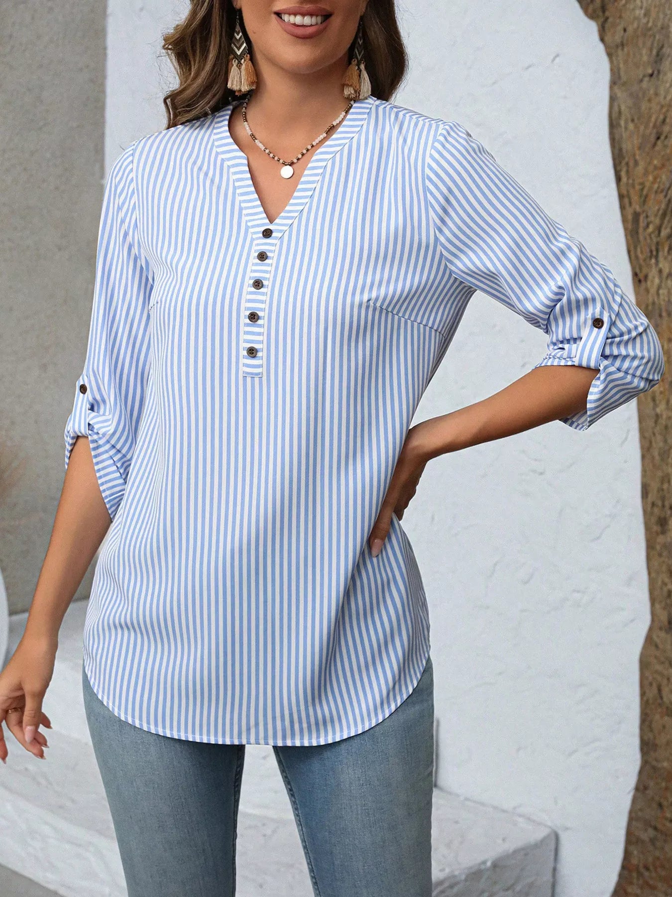 Striped V-Neck Roll-Up Sleeve Blouse  Shop One Place