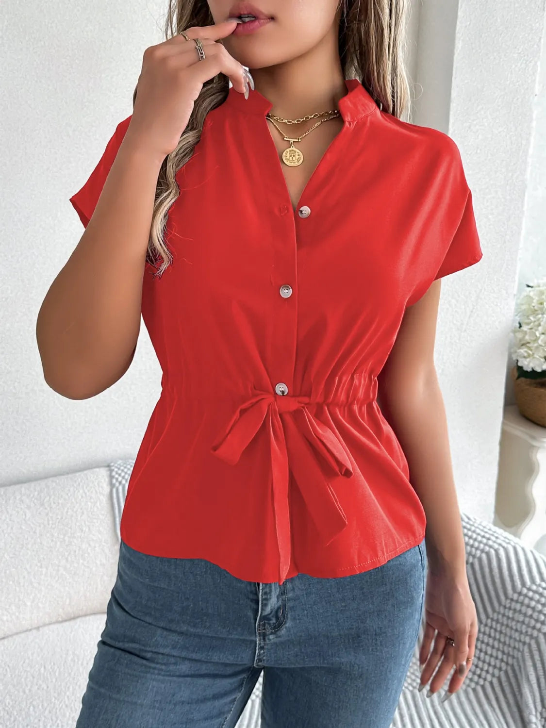 Notched Short Sleeve Blouse  Shop One Place