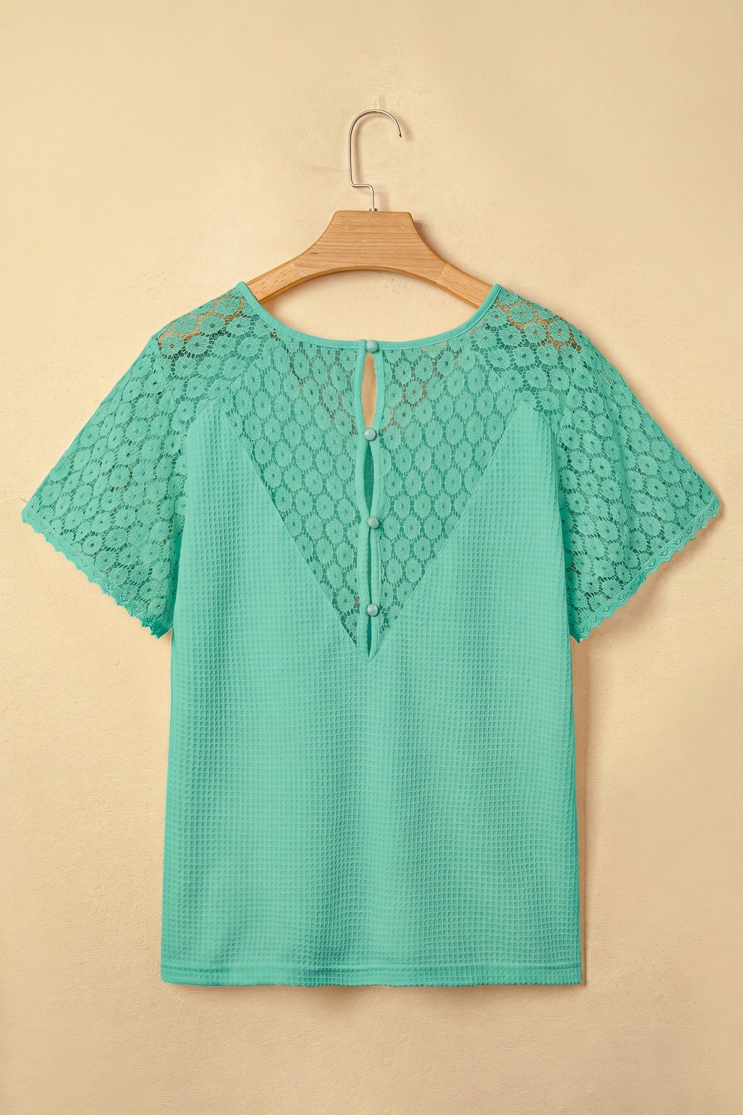 Pink Lace Splicing Button Cutout V Neck Waffle Knit Blouse  Shop One Place