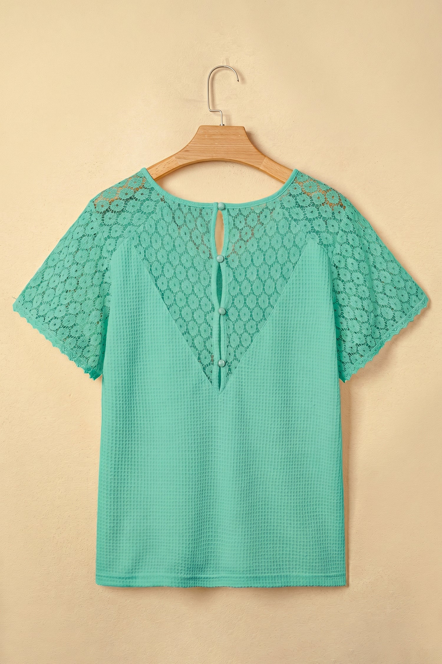 Pink Lace Splicing Button Cutout V Neck Waffle Knit Blouse  Shop One Place
