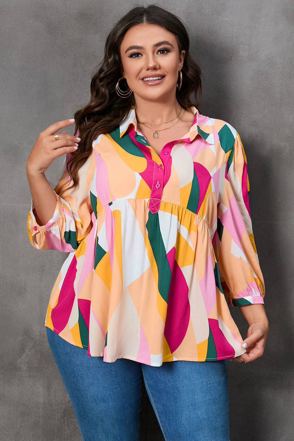 Ginger Plus Size Geometric Print Bracelet Sleeve Flowy Blouse