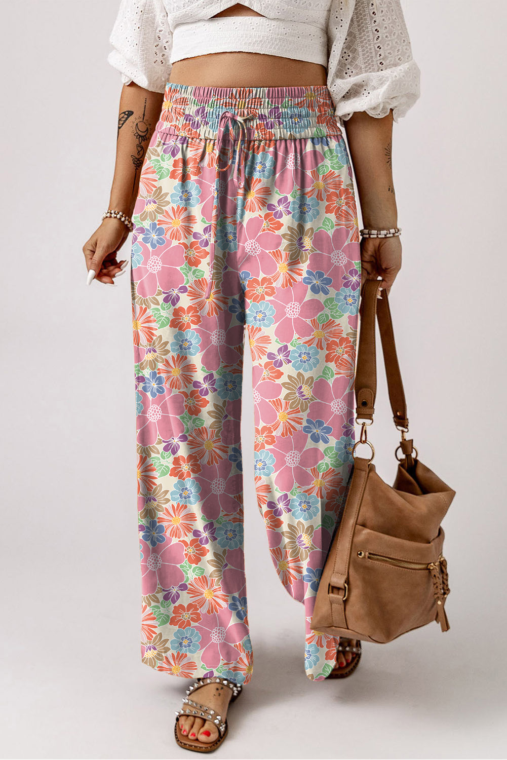 Pink Floral Smocked Elastic Waist Loose Pants