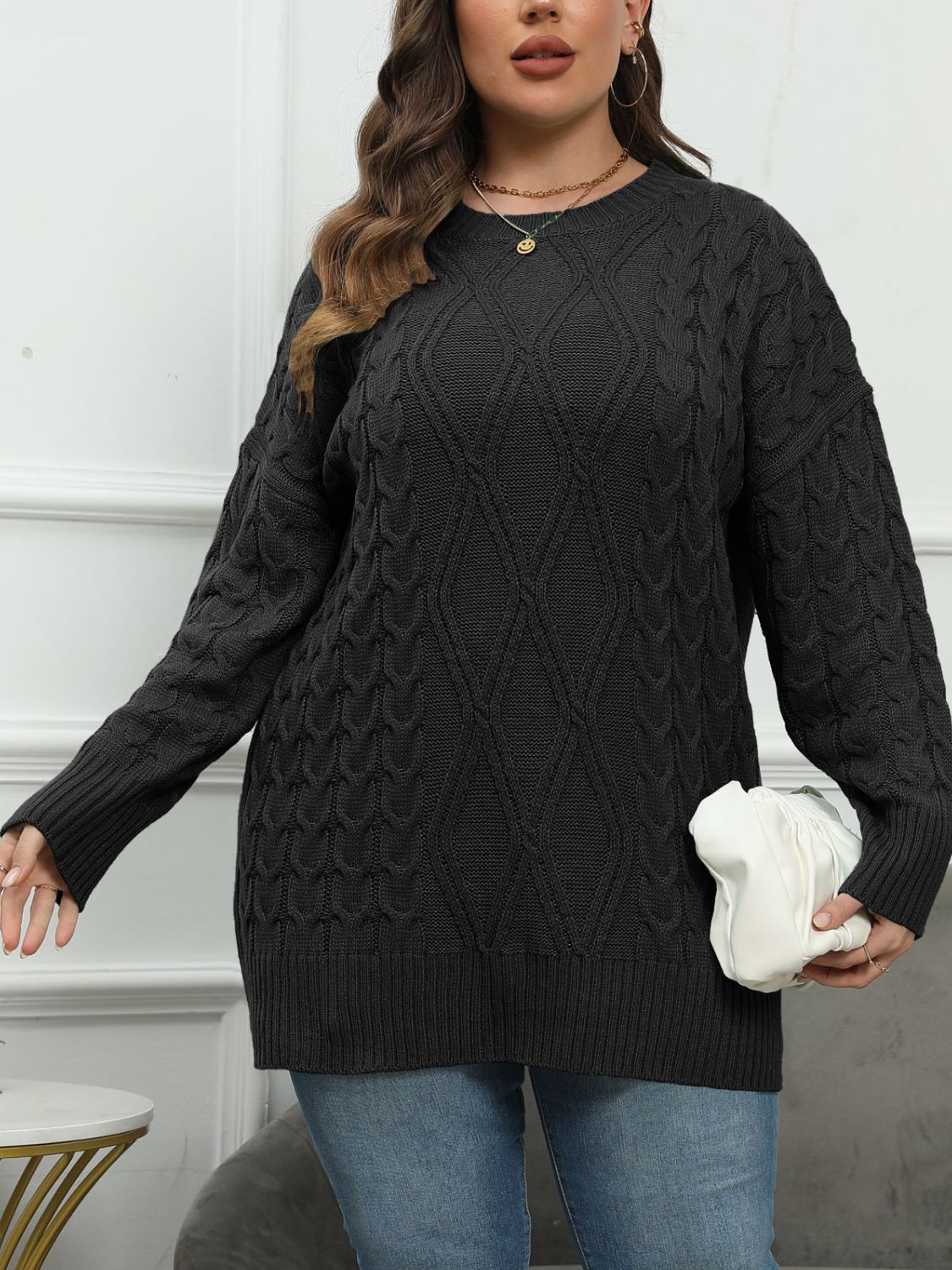 Plus Size Round Neck Long Sleeve Sweater  Shop One Place