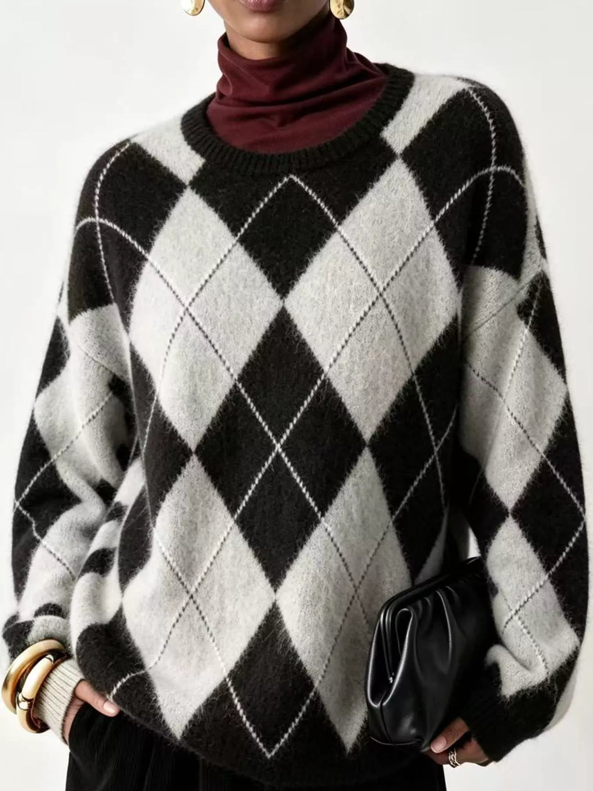 Women's Argyle Fuzzy Knit Sweater – view 16