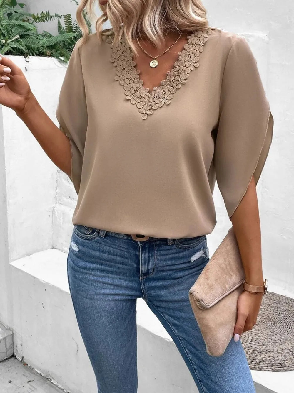 Lace Detail V-Neck Half Sleeve Blouse  Shop One Place