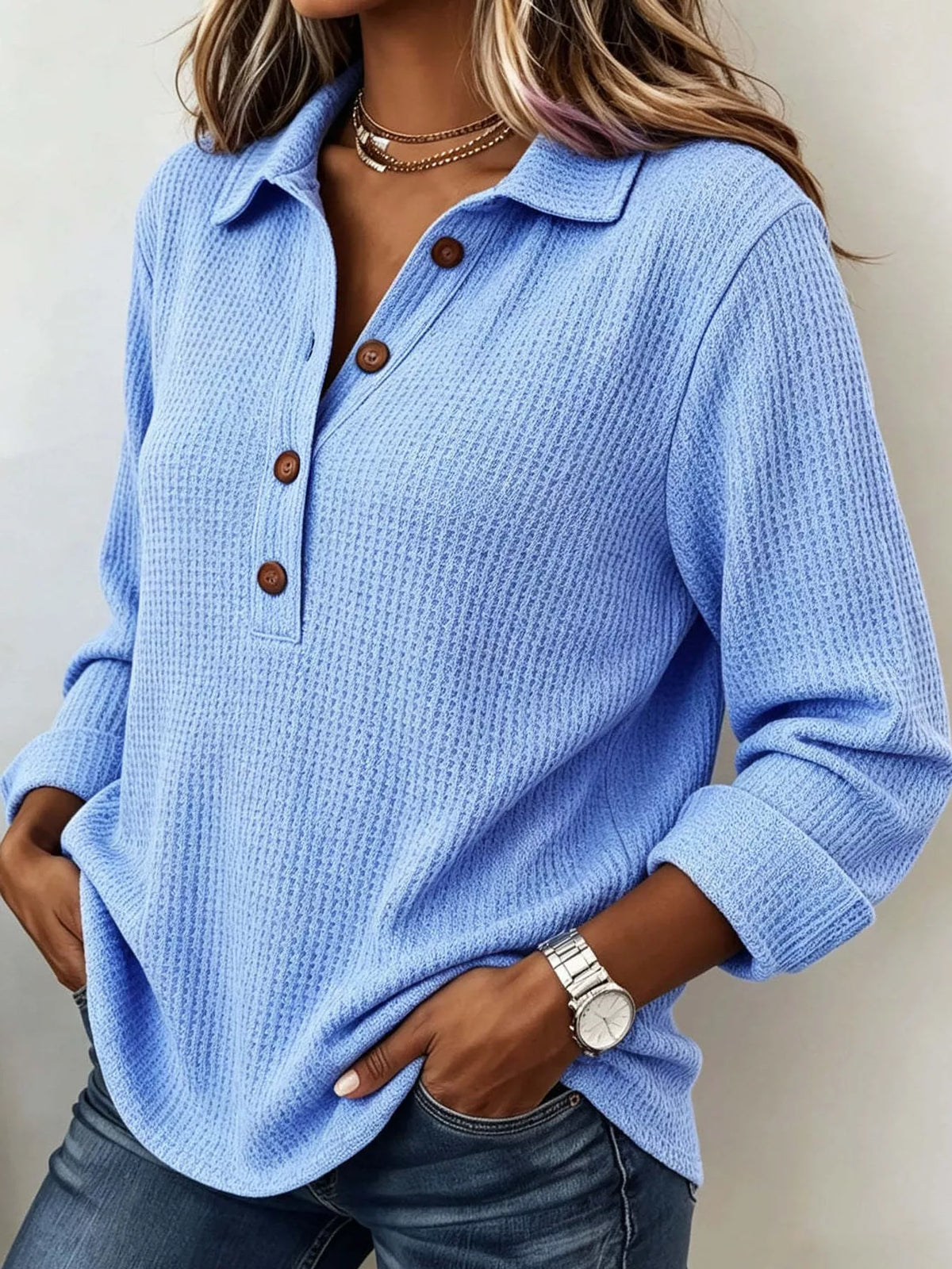 Women's Waffle Knit Long Sleeve Polo Top – view 3