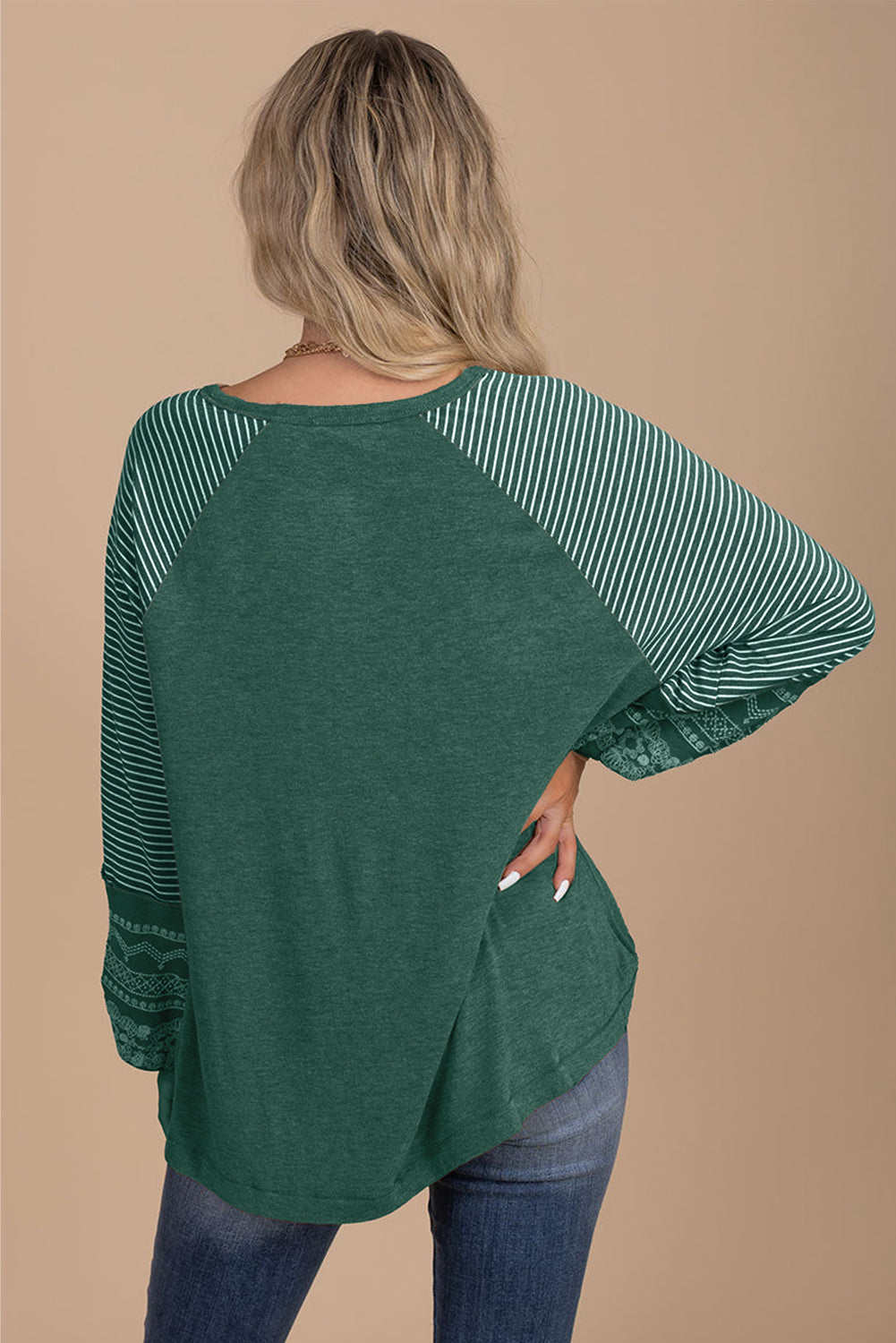 Contrast Print Striped Raglan Long Sleeve Loose Top  Shop One Place
