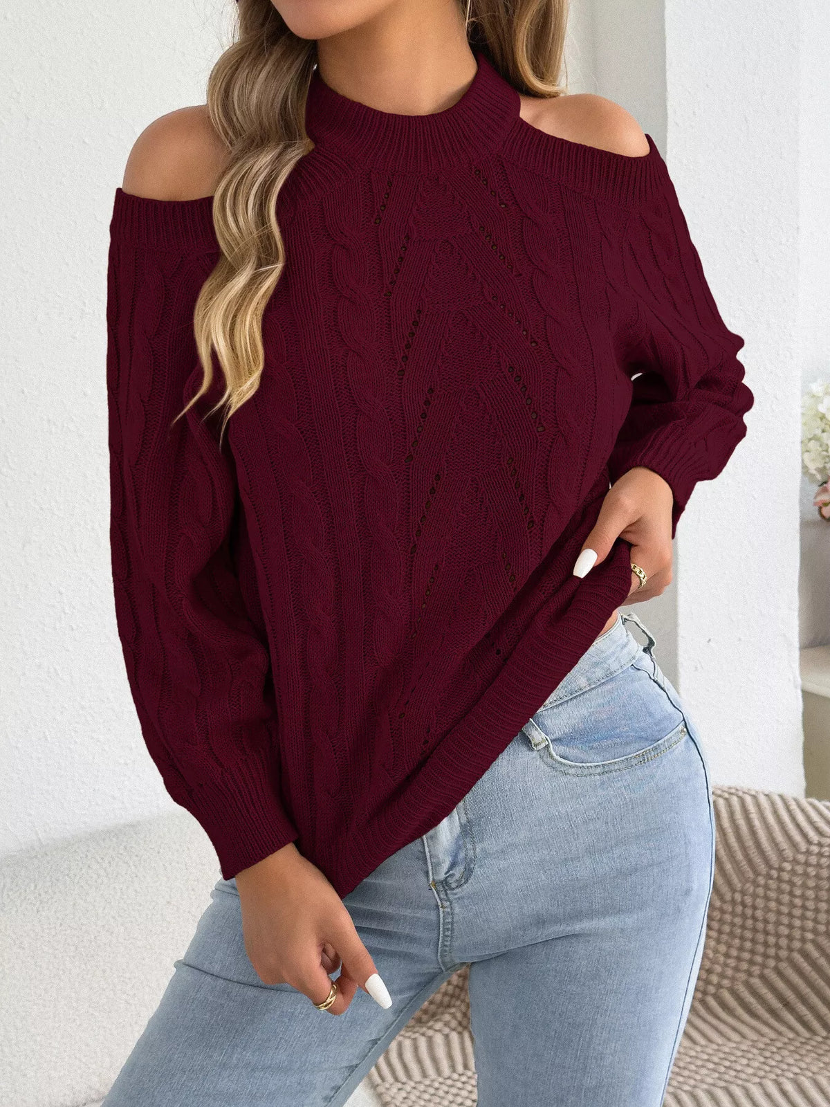 Women's Cold Shoulder Cable Knit Sweater – view 16