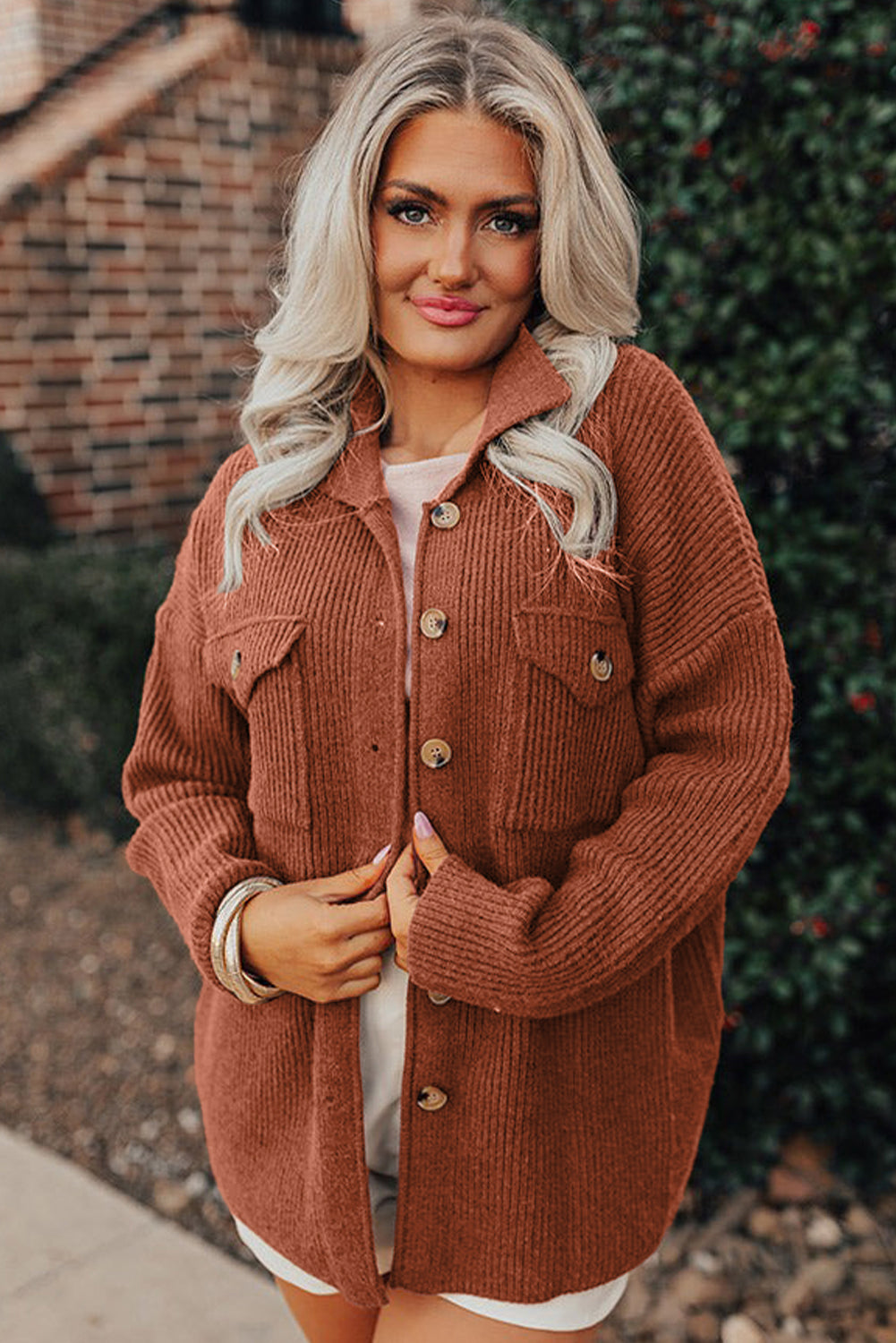 Ribbed Knit Buttons Front Flap Pocket Casual Shacket