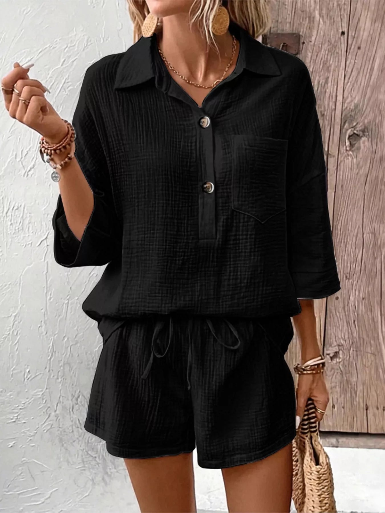 Button Detail Top and Shorts Set  Shop One Place