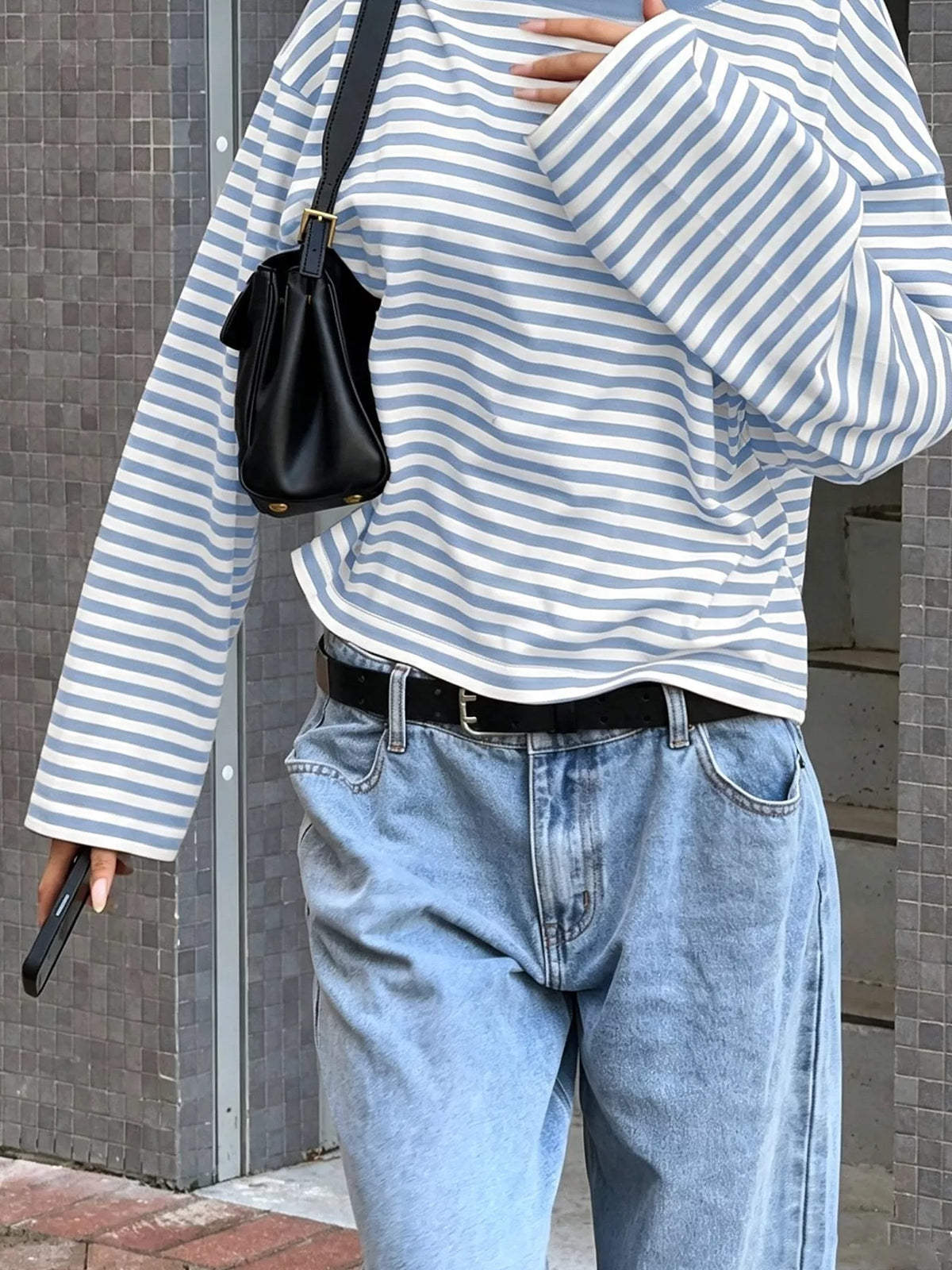 Striped Long Sleeve Crew Neck T-Shirt Plus Size in Multicolor