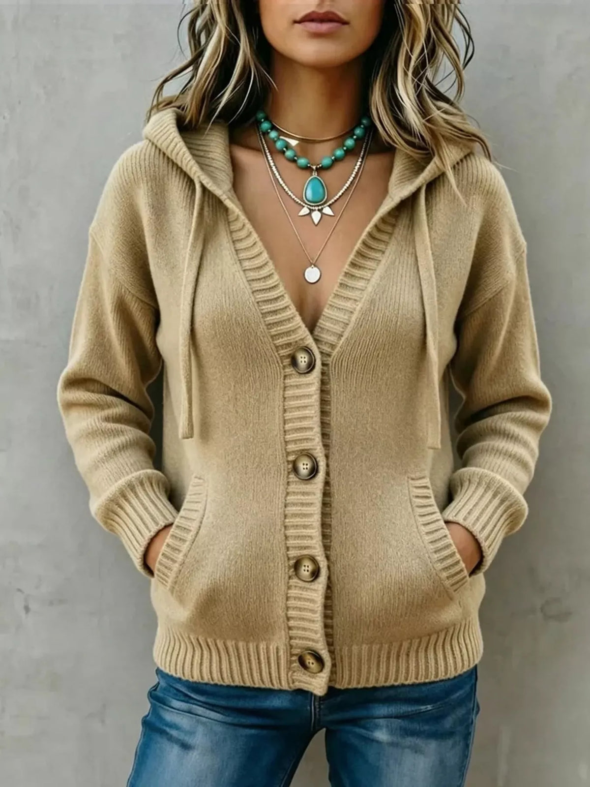 Hooded Button-Down Knit Cardigan with Pockets in Multicolor