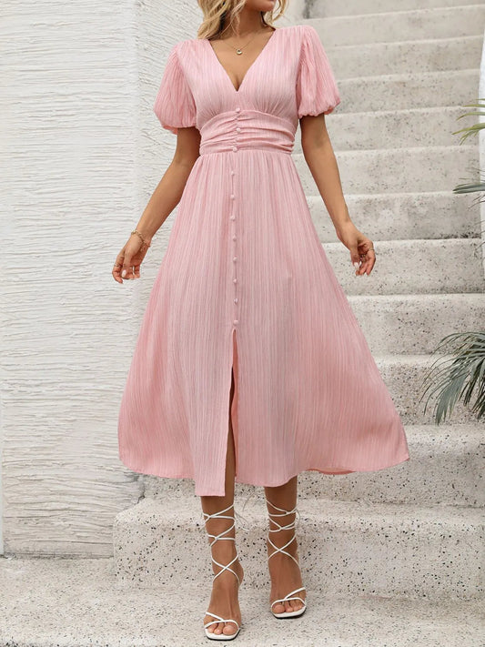 V-Neck Puff Sleeve Dress  Shop One Place