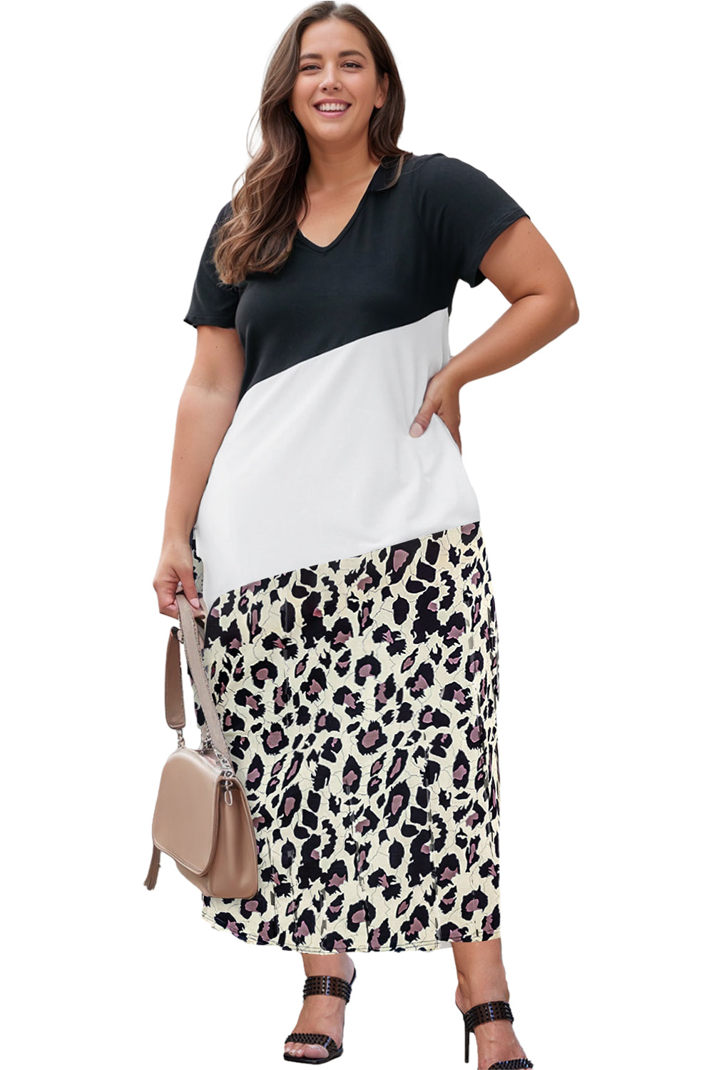 Black Leopard Color Block V Neck Plus Size Maxi Dress