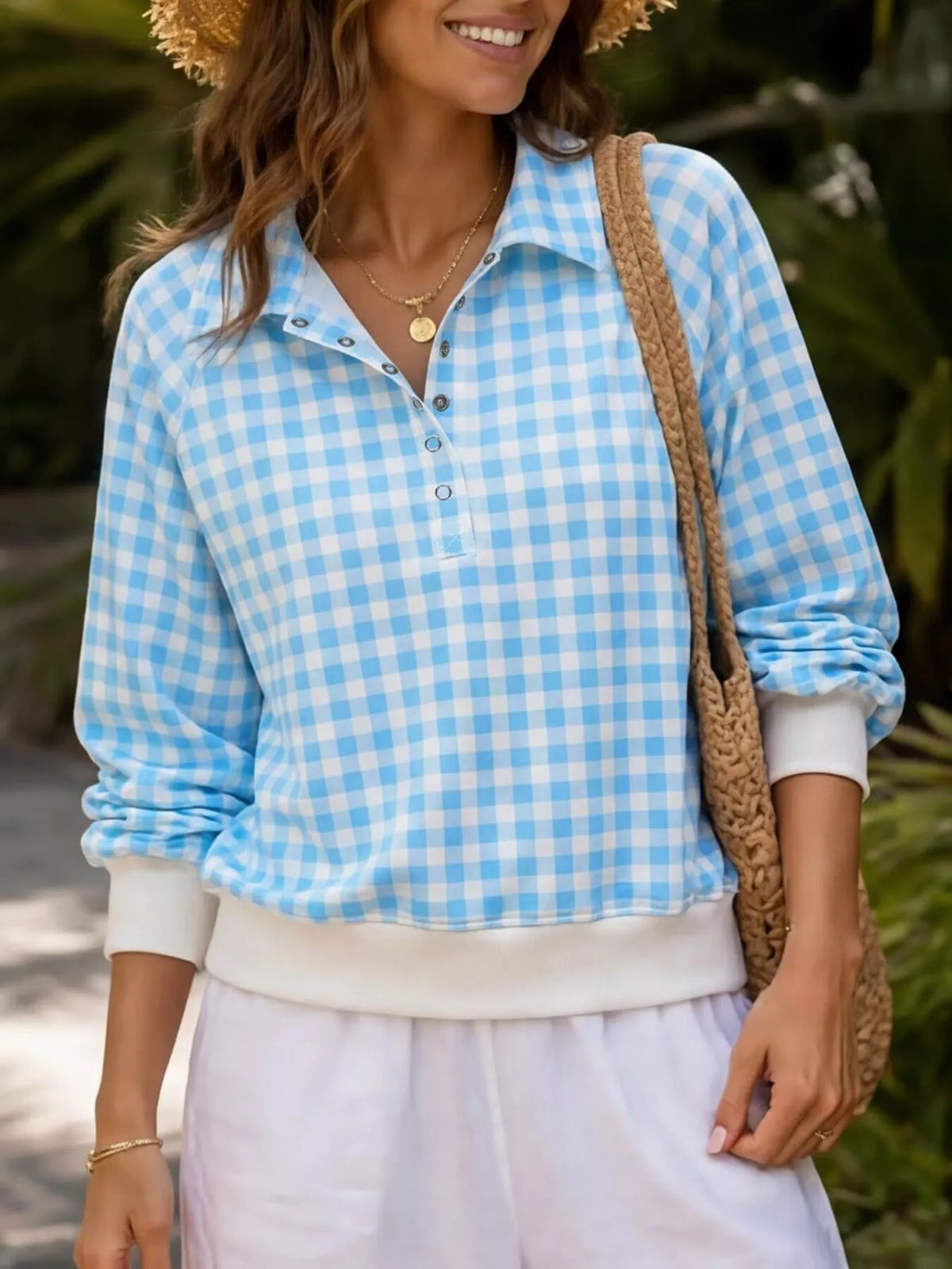 Women's Gingham Plaid Collared Sweatshirt – view 7