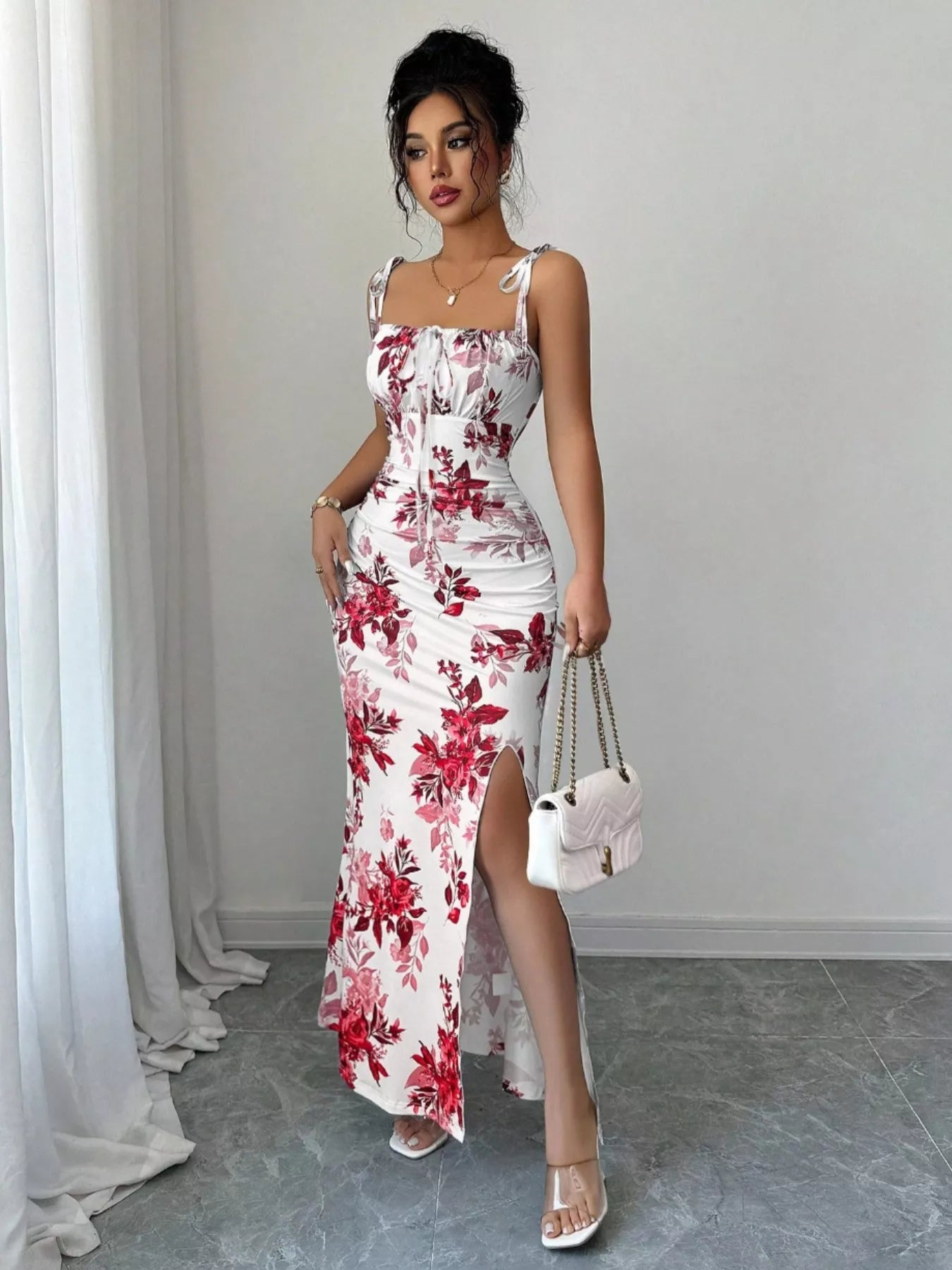 Printed Tie Strap Slit Maxi Dress  Shop One Place
