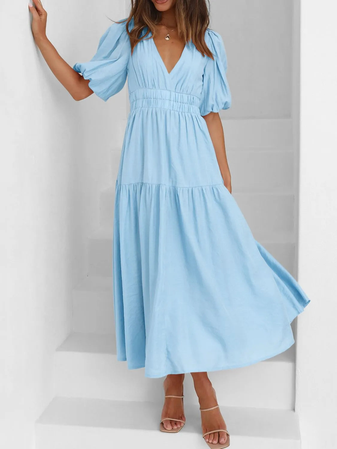 V-Neck Puff Sleeve Midi Dress  Shop One Place