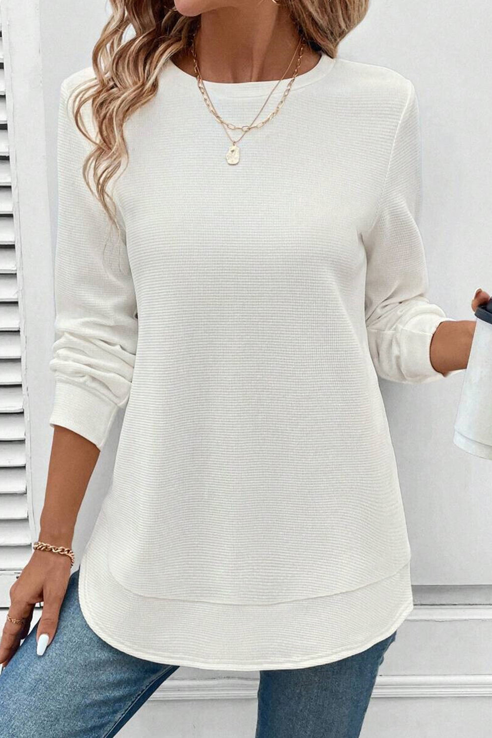 Gossamer Pink Rounded Hem Waffle Plain Long Sleeve Top  Shop One Place