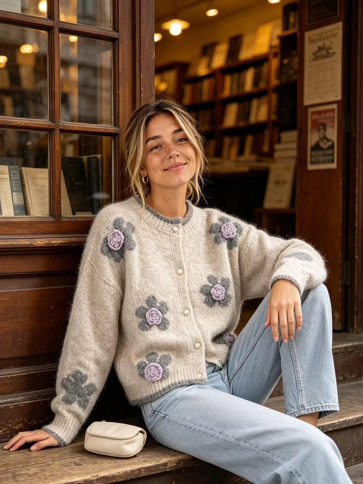 Floral Applique Button-Down Knit Cardigan  Shop One Place