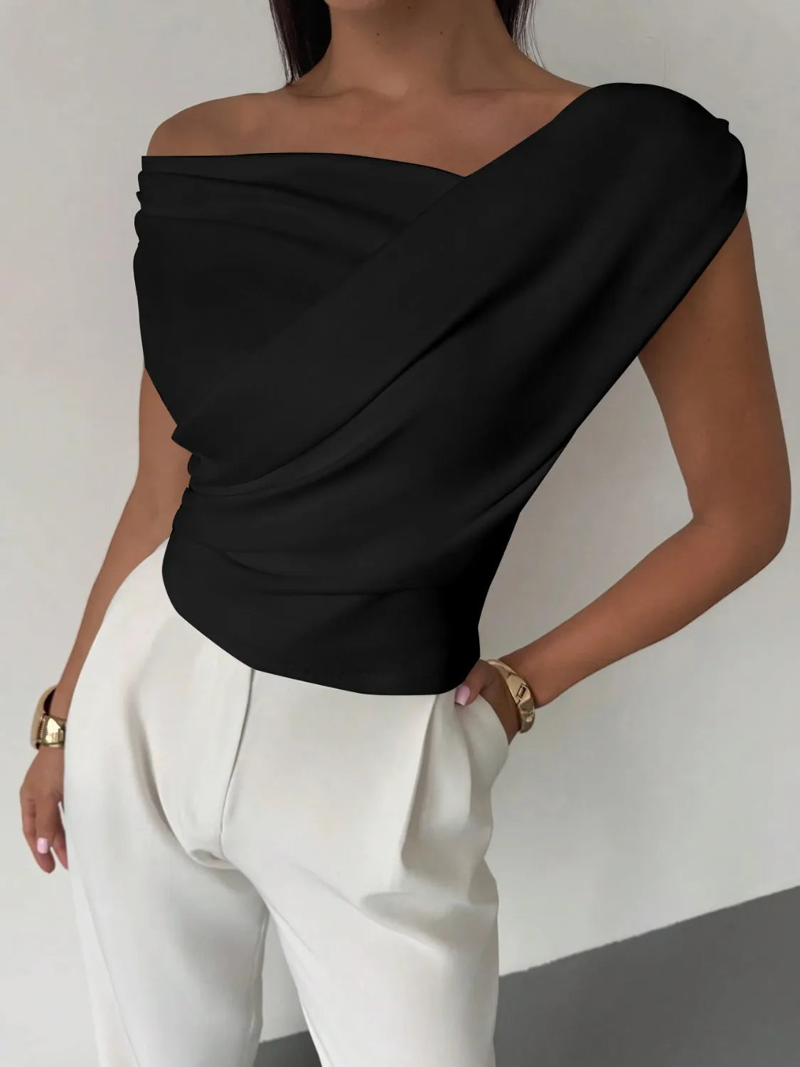 Asymmetrical Ruched Short Sleeve Top  Shop One Place