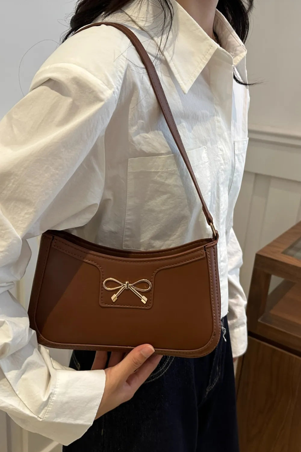 Bow Trim PU Leather Shoulder Bag  Shop One Place