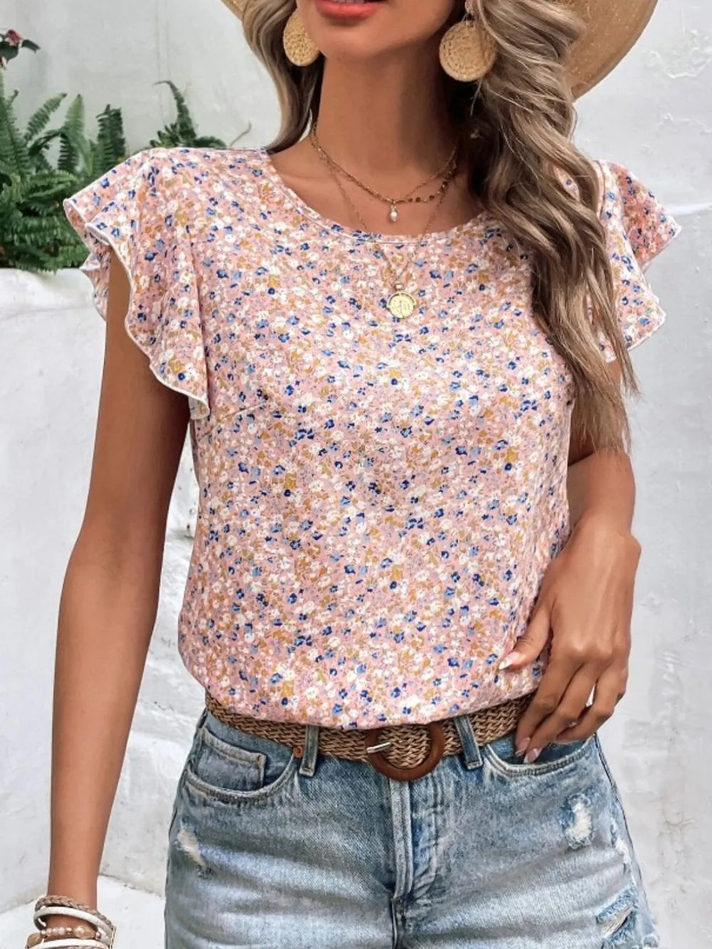 Ditsy Floral Round Neck Cap Sleeve Top  Shop One Place