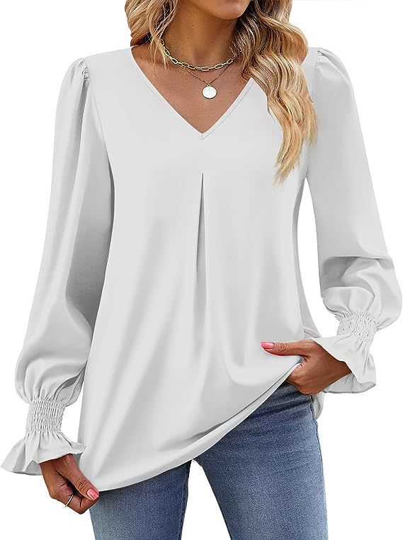 Solid color chiffon V-neck pullover flared long-sleeved shirt