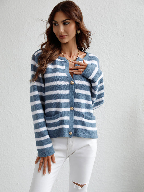 Women's Striped Loose Knit Single Breasted Cardigan Sweater