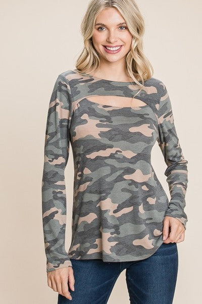 Army Camo Printed Cut Out Neckline Long Sleeves Casual Basic Top