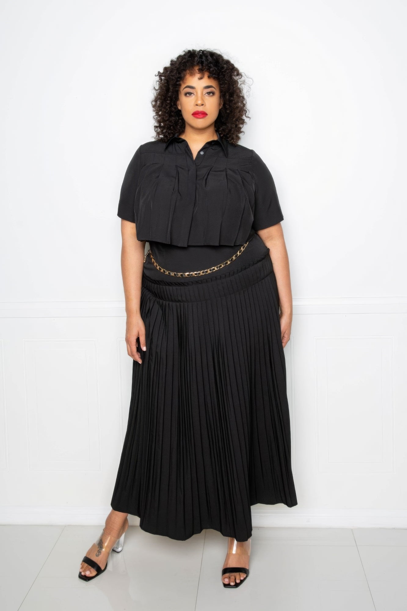 Pleated Cropped Shirt And Maxi Skirt Set  Shop One Place