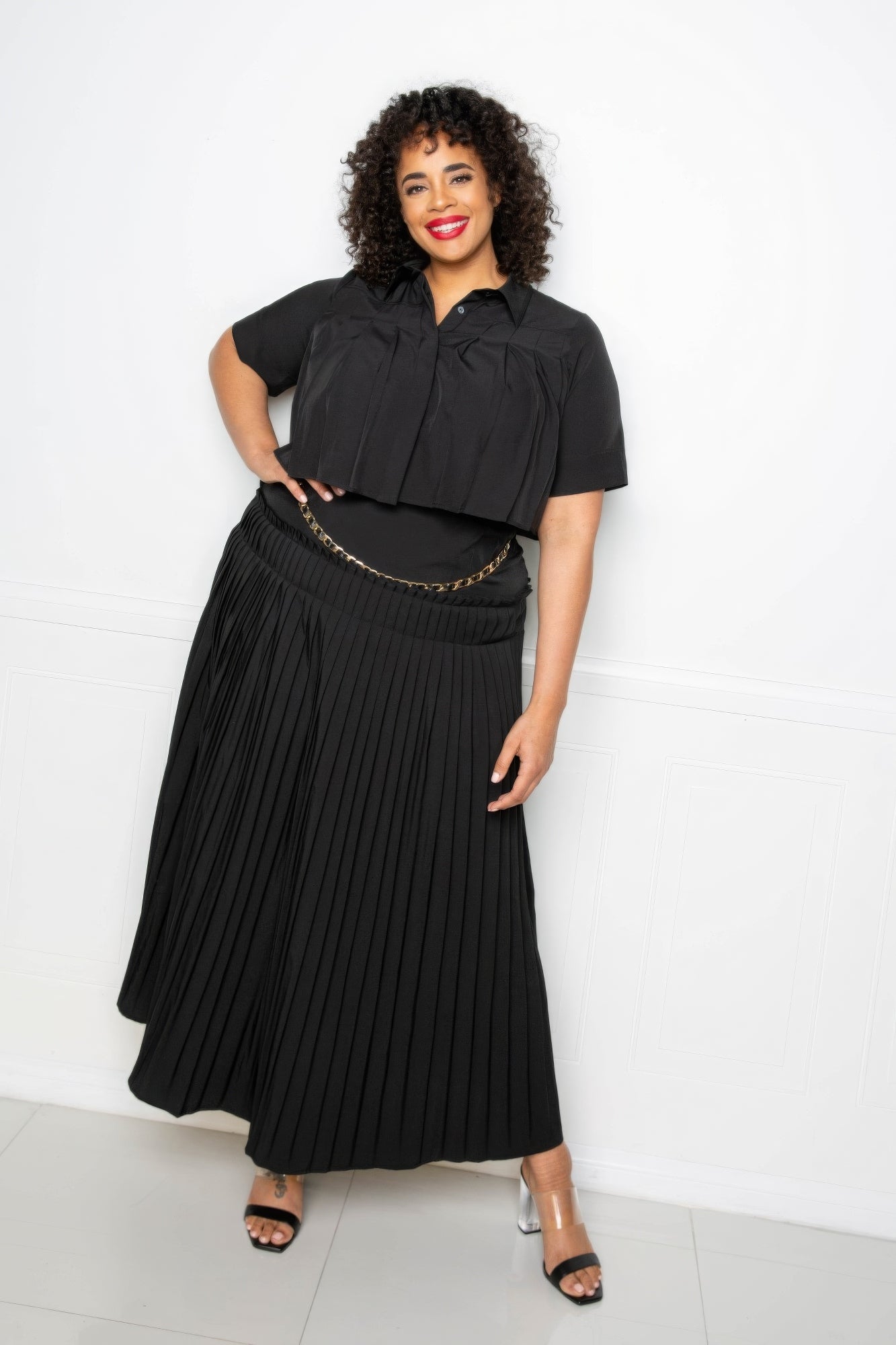 Pleated Cropped Shirt And Maxi Skirt Set  Shop One Place