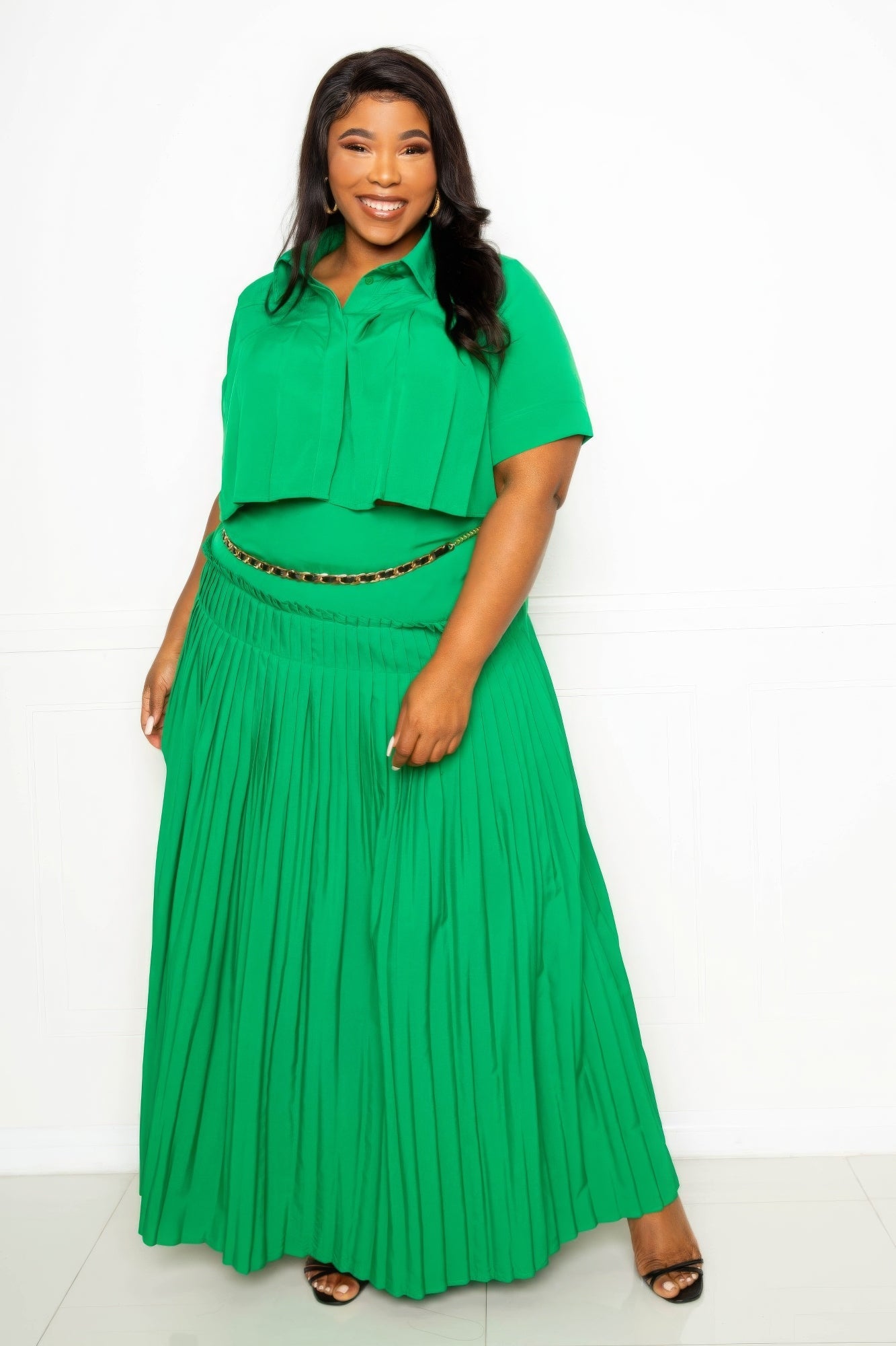 Pleated Cropped Shirt And Maxi Skirt Set  Shop One Place