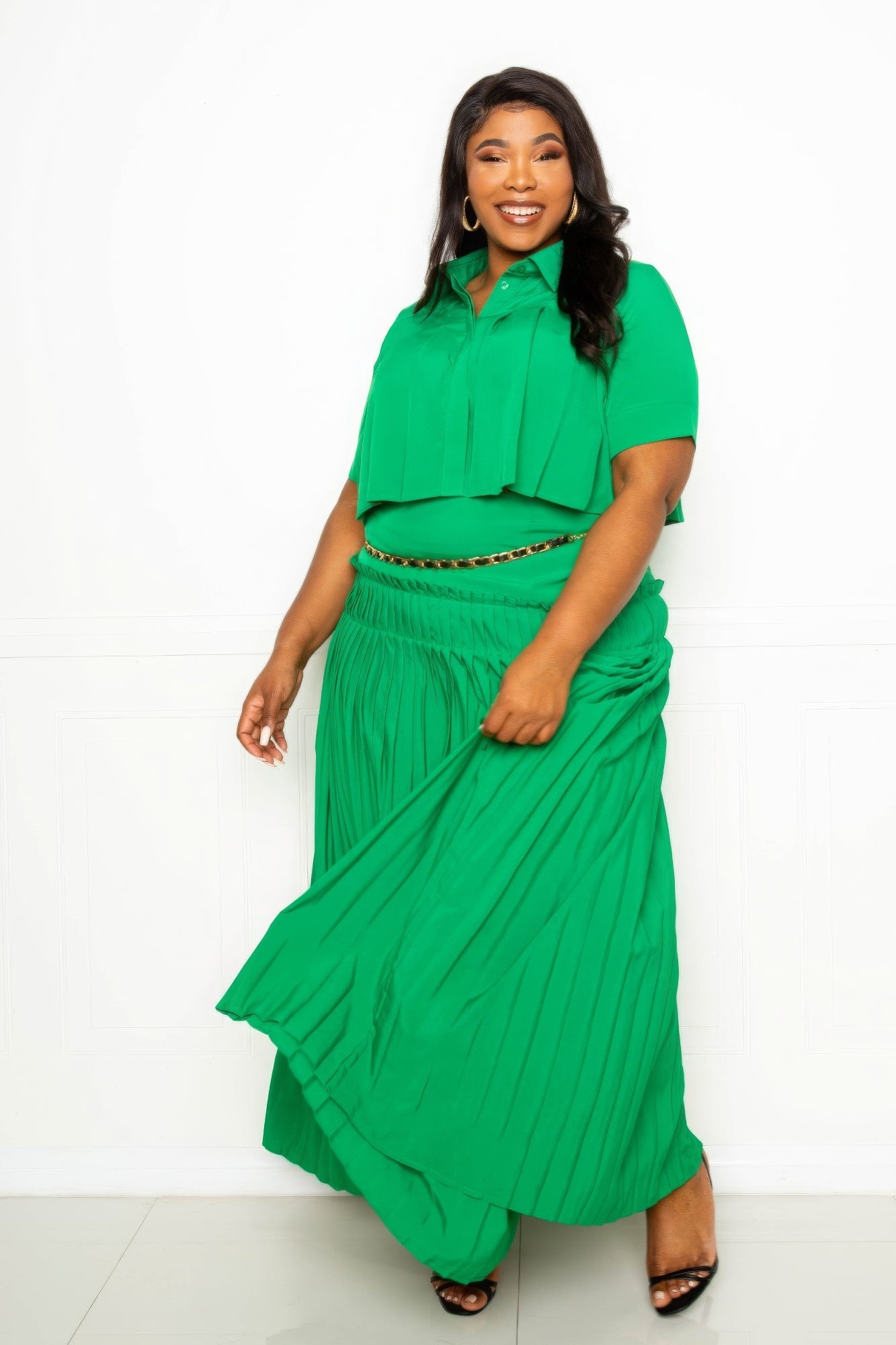 Pleated Cropped Shirt And Maxi Skirt Set  Shop One Place