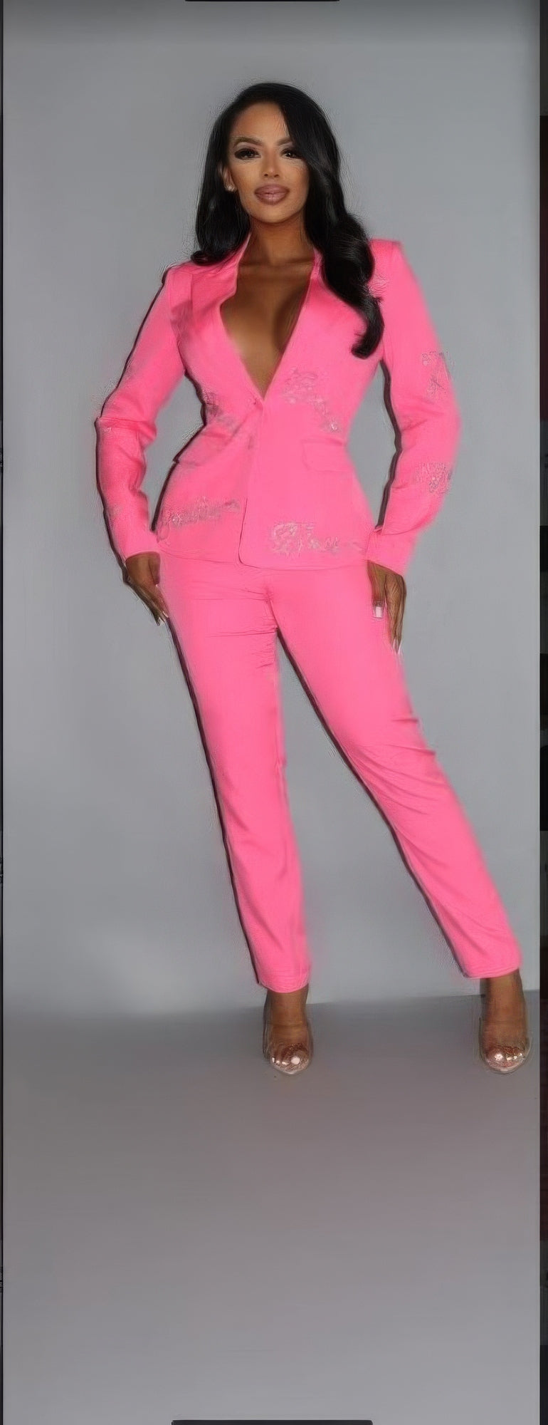 Rhinestone Letterings 2 Piece Powersuit Blazer & Pants Set