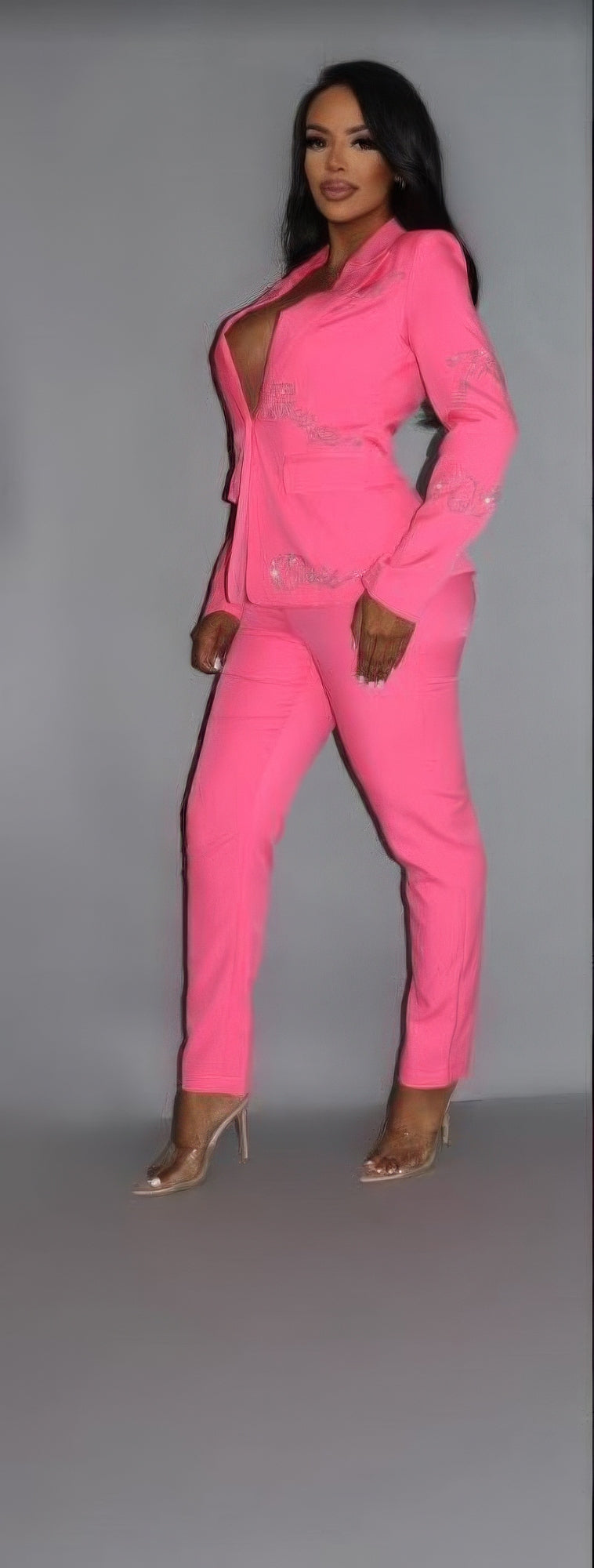 Rhinestone Letterings 2 Piece Powersuit Blazer & Pants Set