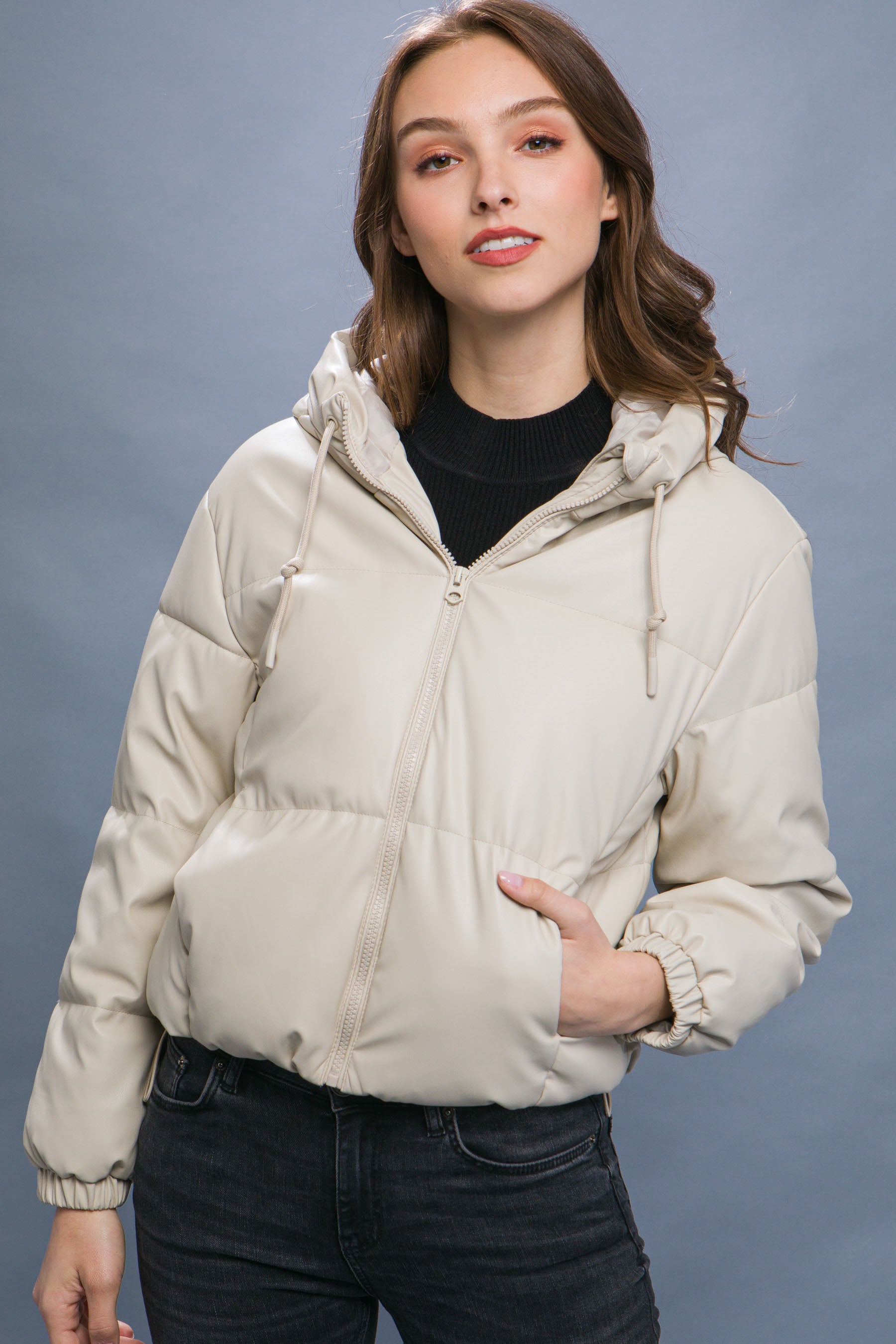 Pu Faux Leather Zipper Hooded Puffer Jacket  Shop One Place