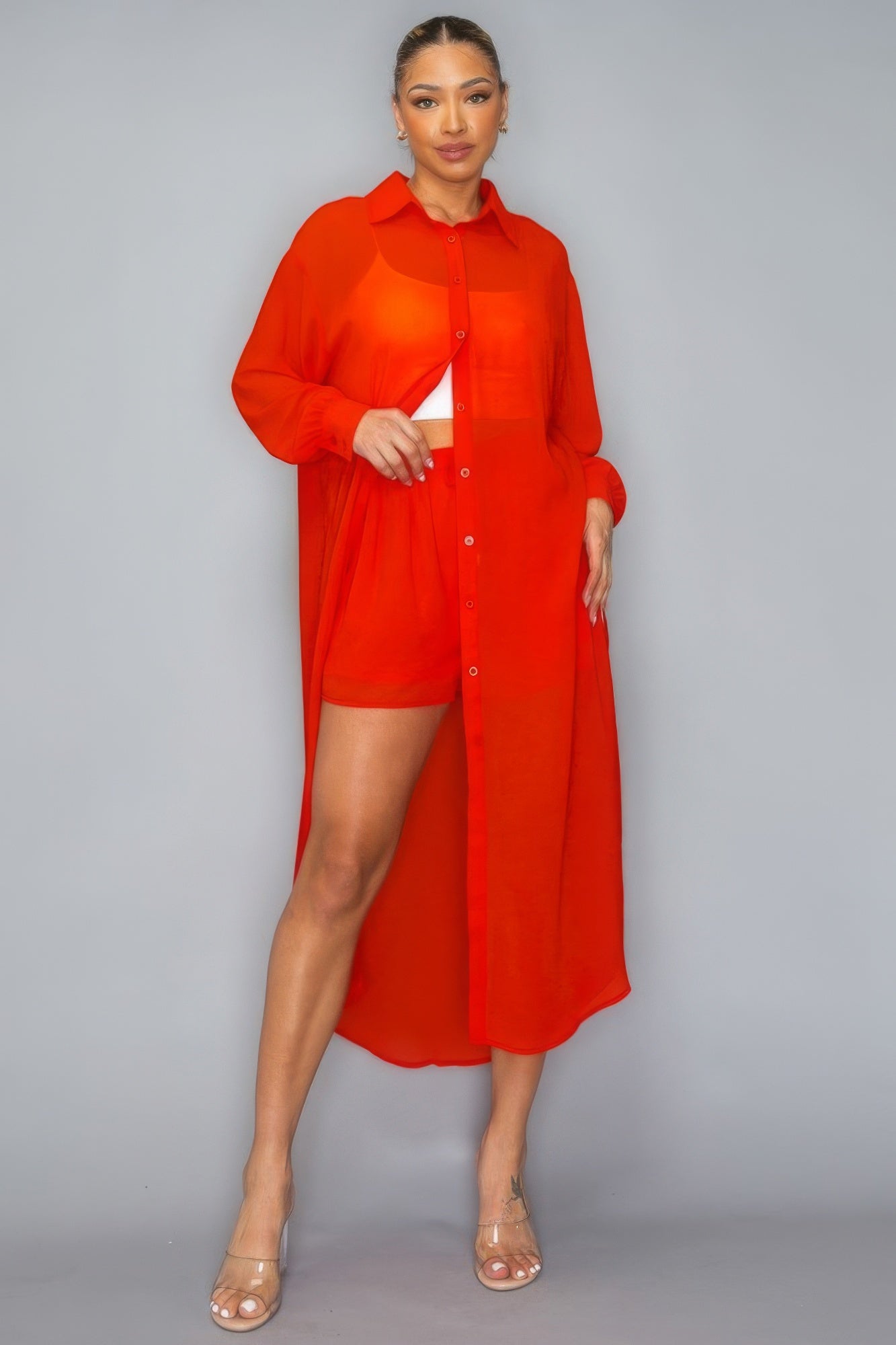 Chiffon Button Down Long Sleeve Side Slit Long Top With Short Set  Shop One Place