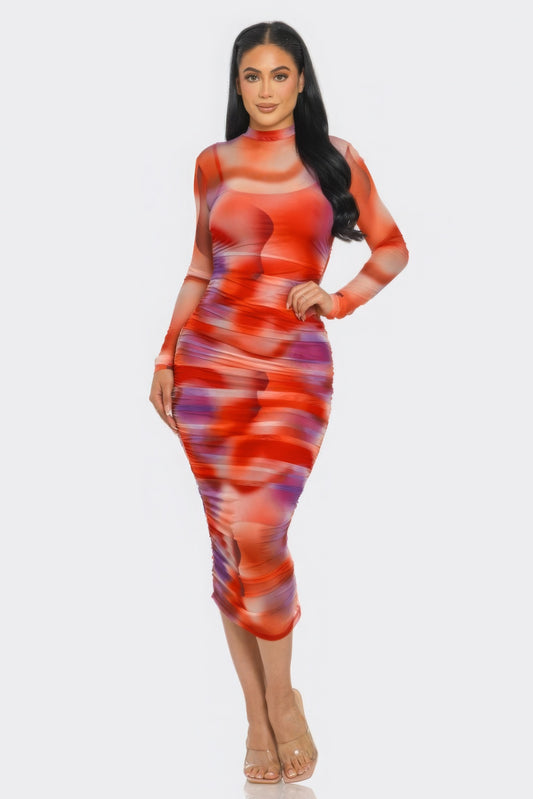 Summer Heat Print Mesh Ruched Midi Dress  Shop One Place
