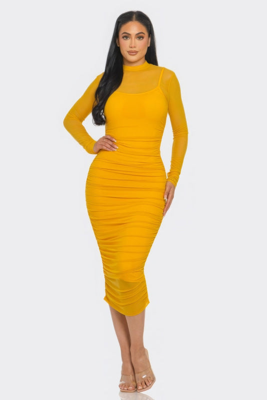 Solid Mesh Ruched Midi Dress  Shop One Place
