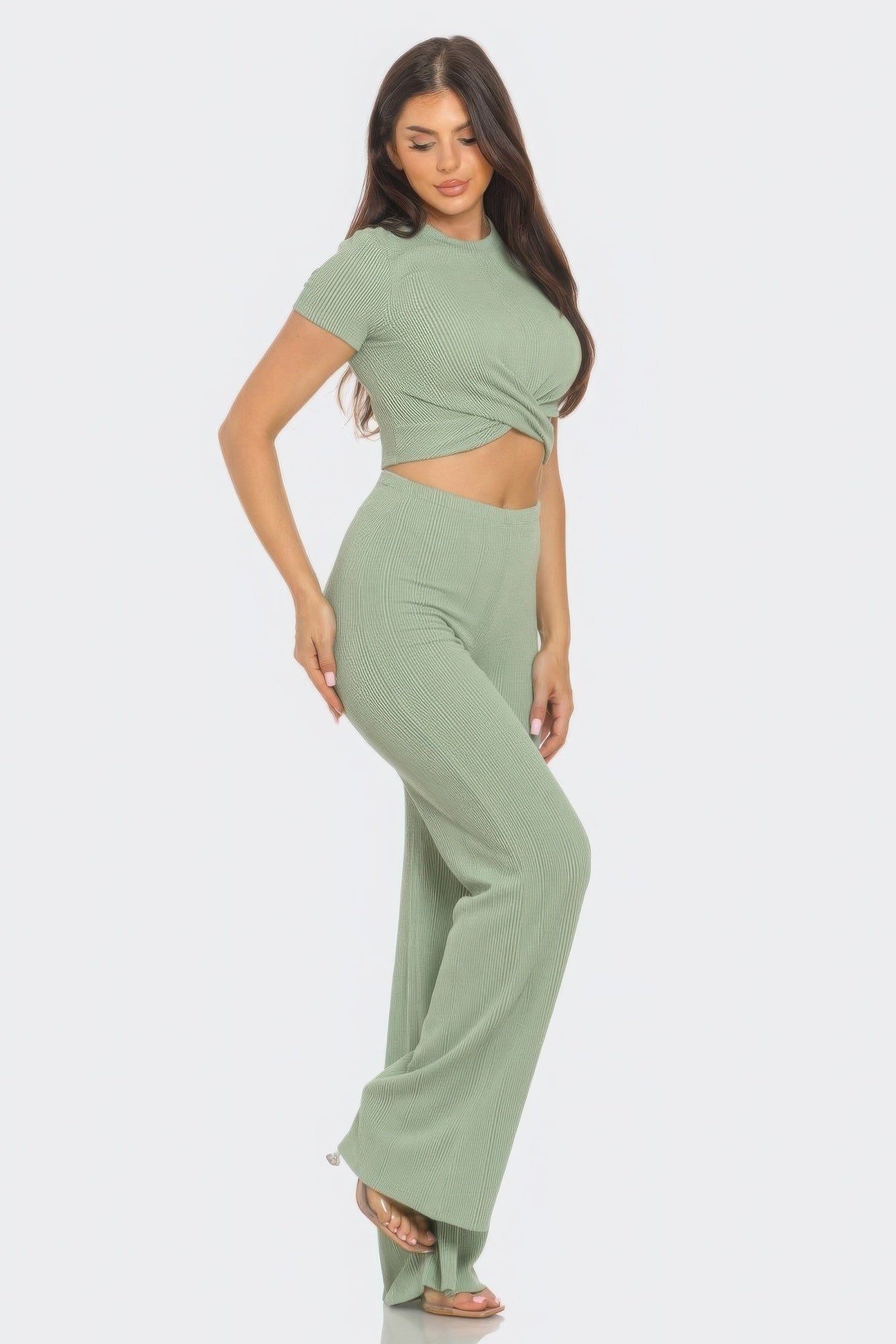 Front Twist Detail Top And Flare Pants Set