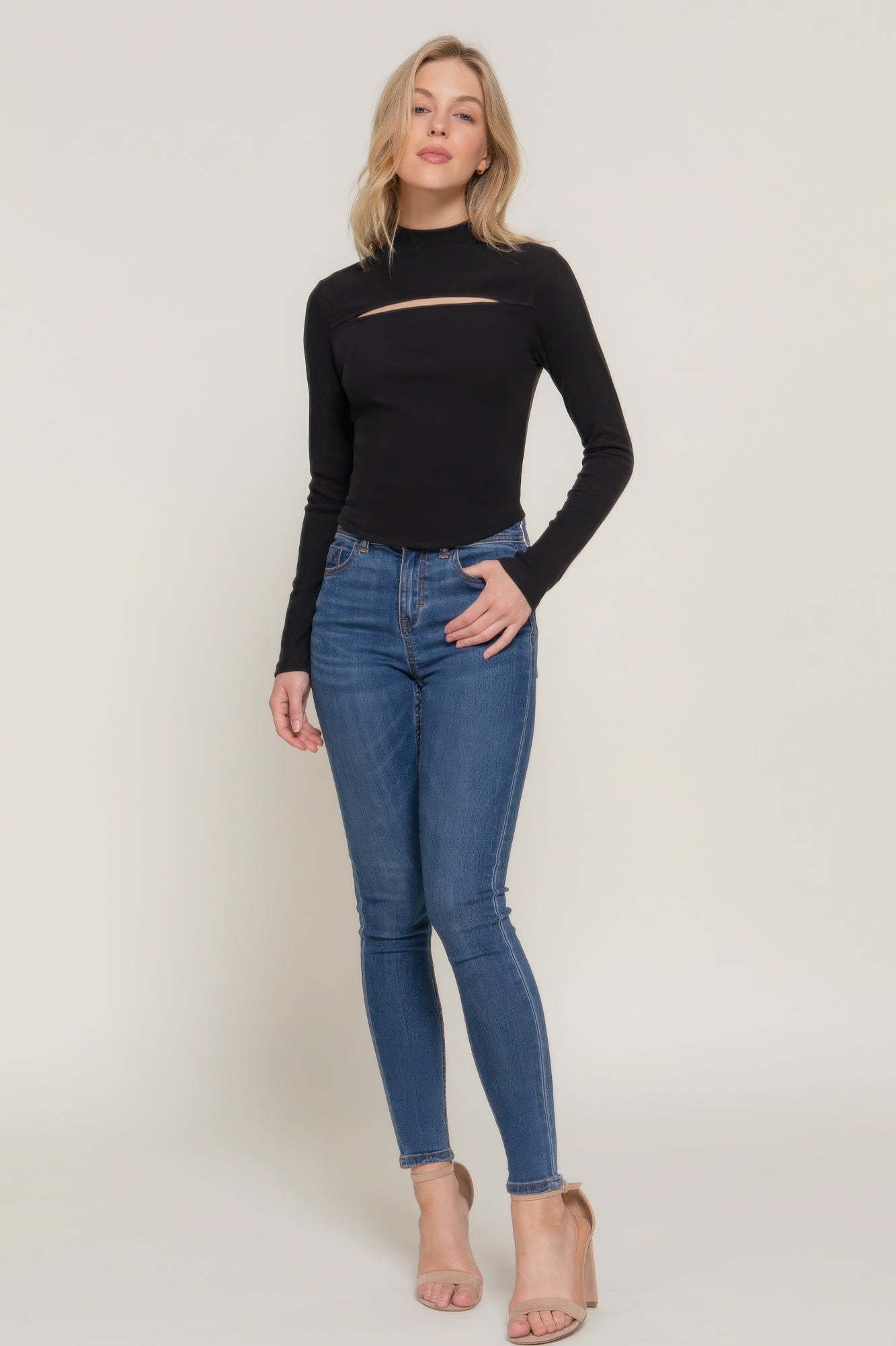 Long sleev mock neck keyhole rib knit top