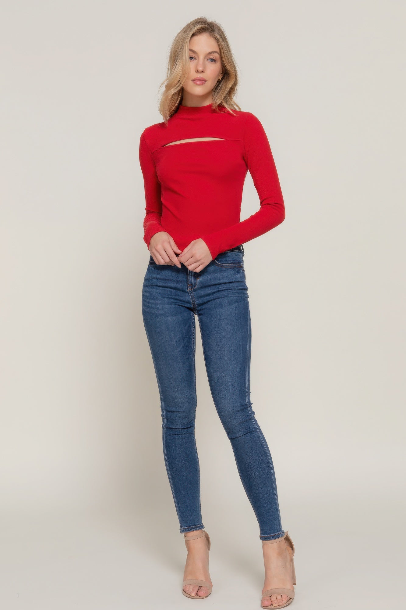 Long sleeve mock neck keyhole rib knit top