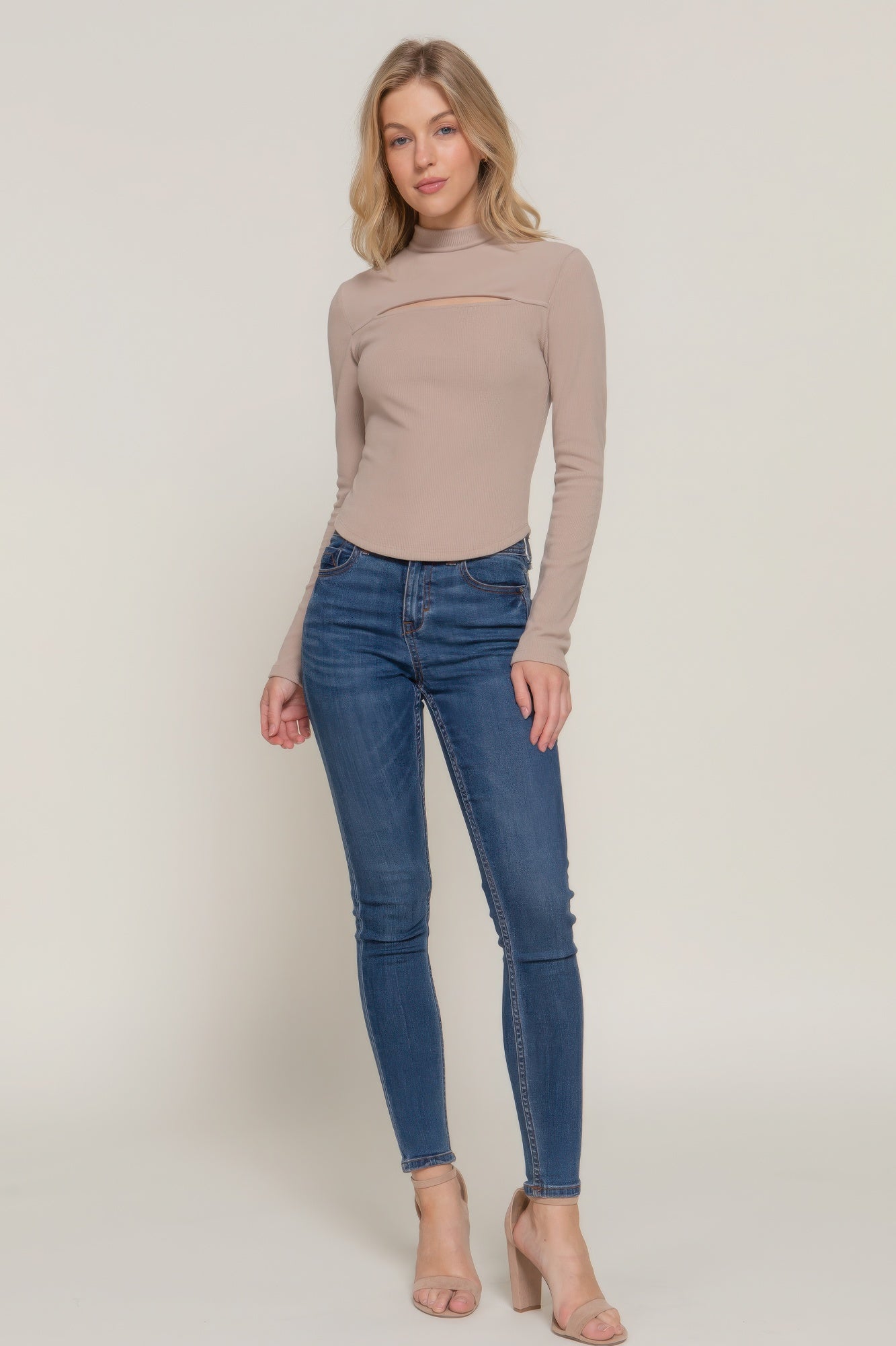 Long sleev mock neck keyhole rib knit top