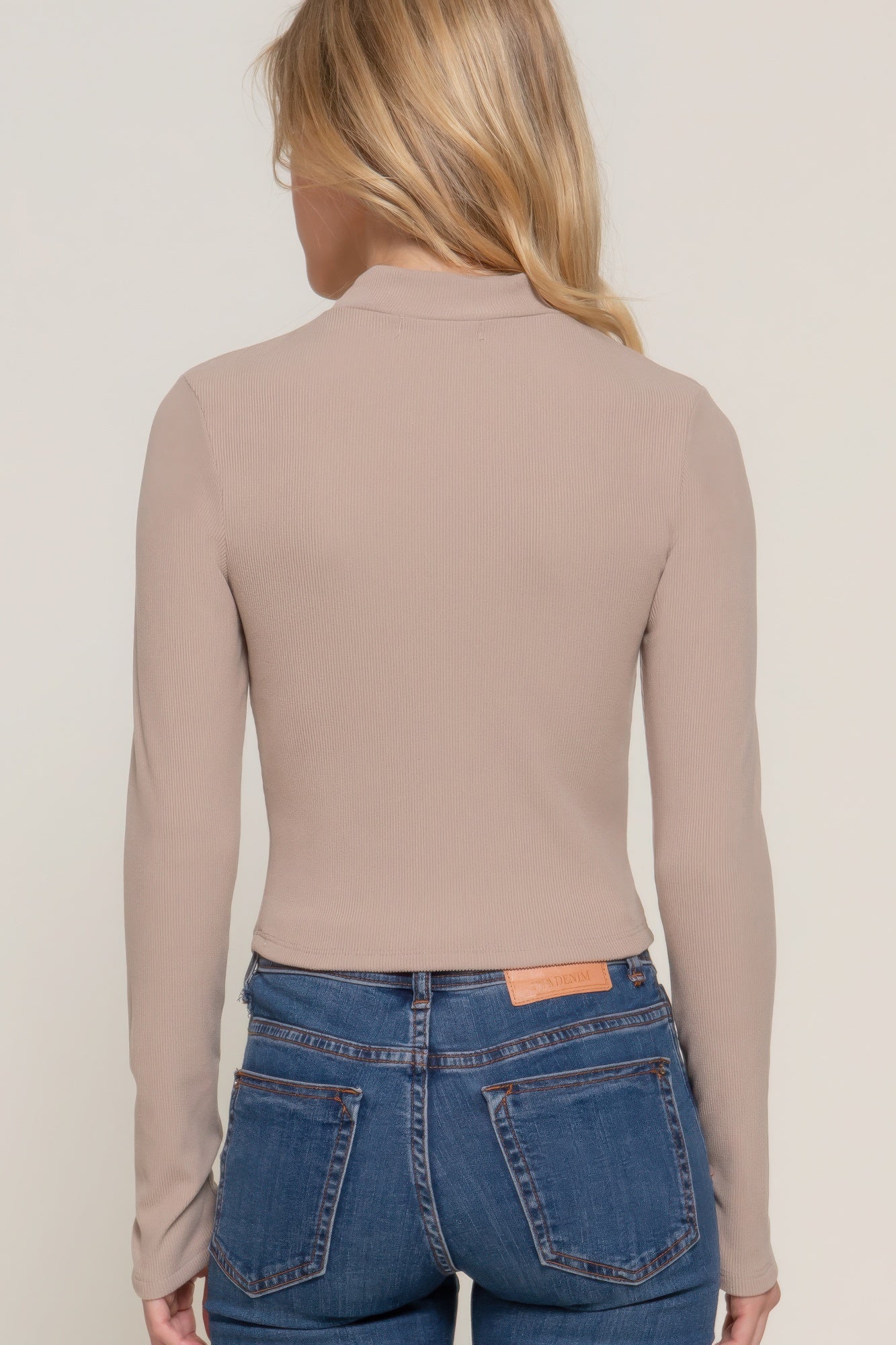 Long sleeve mock neck keyhole rib knit top