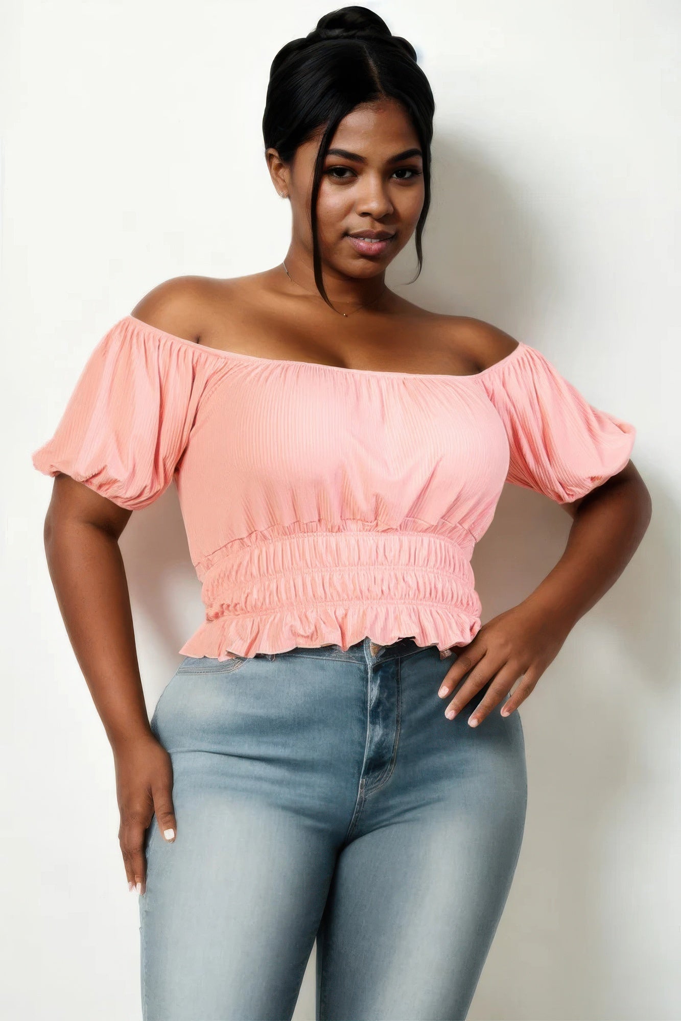 Plus size casual ruched puff sleeve ribbed knit solid top  Shop One Place