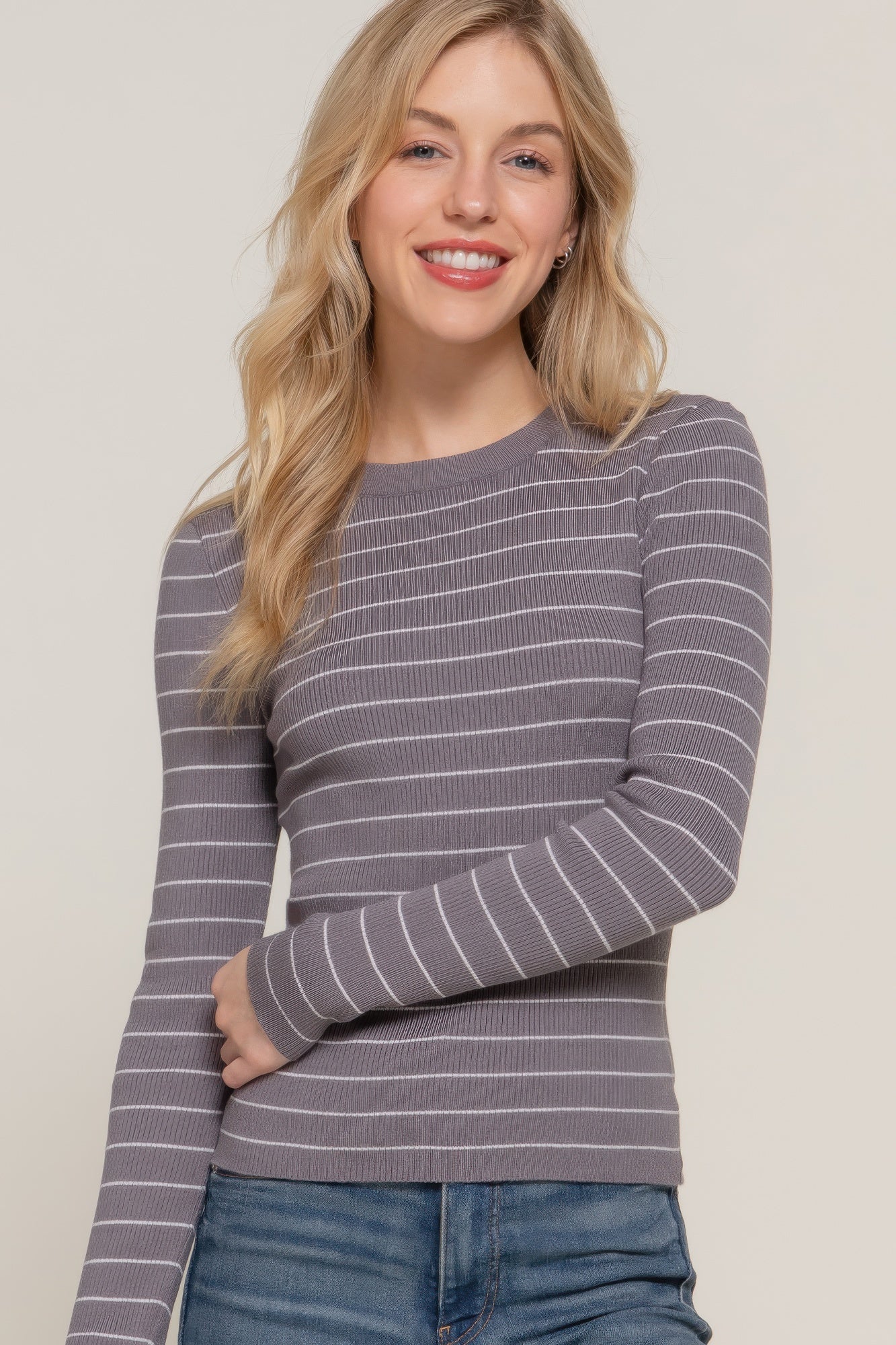 Long slv crew neck stripe sweater  Shop One Place