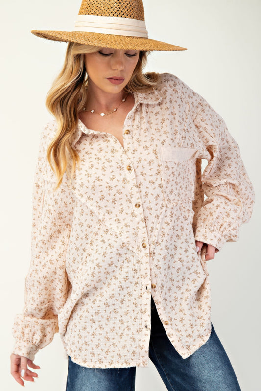 Printed cotton gauze button down woven shirt  Shop One Place