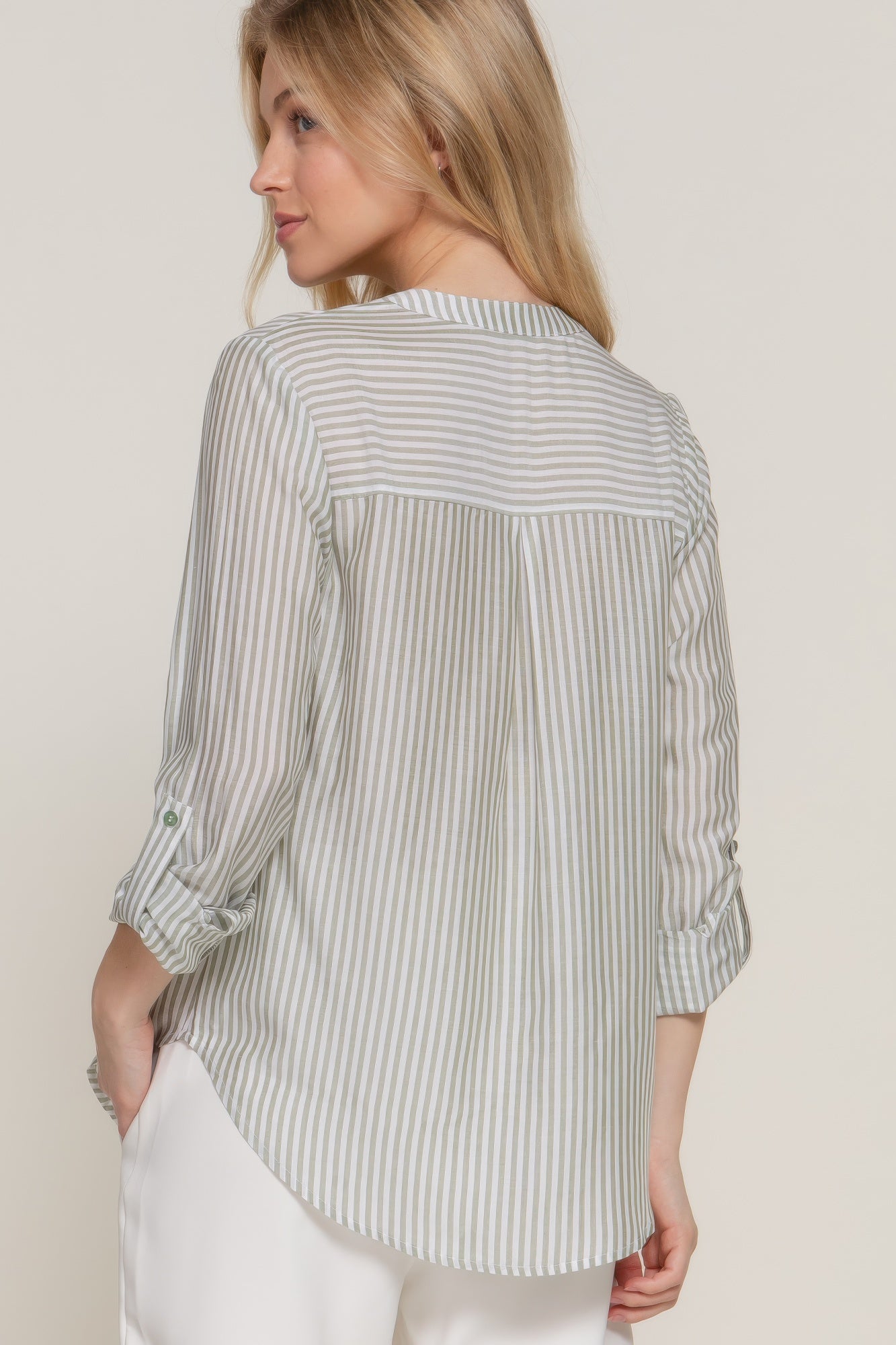 Long Slv Split Round Neck Stripe Woven Shirt